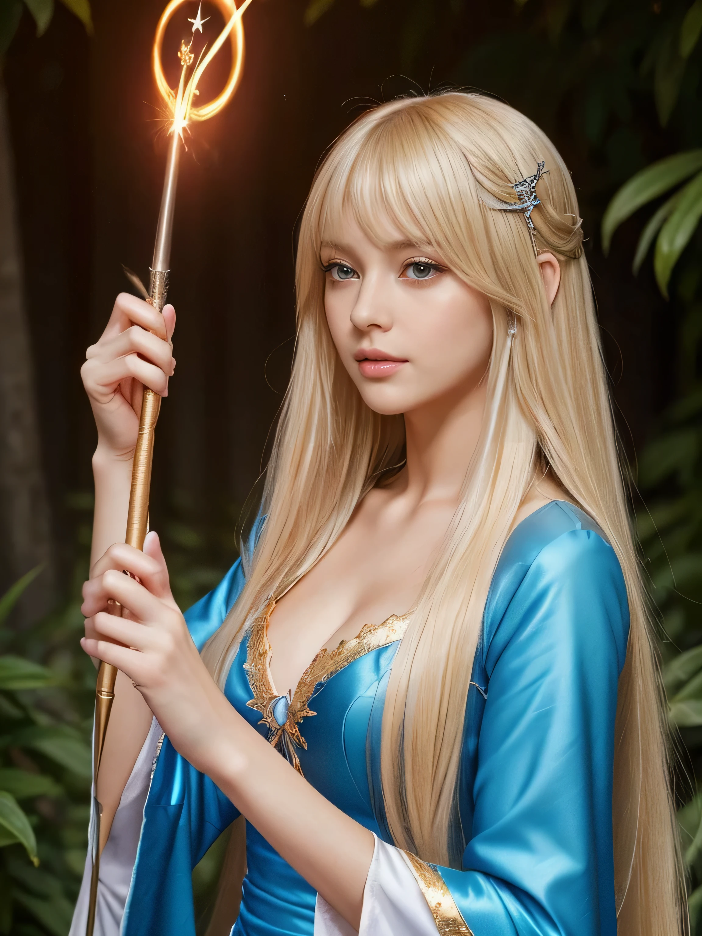 ((Full Shot:1.3)) (Big Breasts 1.4) ((highest quality)), ((masterpiece)), (Get used to it), Perfect Face (1 girl) (French) (She is 18 years old、The cutest and most beautiful fantasy girl in France) ((highest quality)), ((masterpiece)), length blonde hair length, shining golden hair,Golden Silky Hair, Straight blonde hair, length blonde straight hair, Perfect Silky Straight Hair, Straight blonde hair, length blonde hair, Her hair is long and straight, detailed length blonde hair ((big 1.4)) Super Long Hair down to the ankles ((Neat bangs The neatly trimmed bangs are princess cut and cover the entire forehead.......))... bright crimson lips good, Anatomically correct hand Thin fingers Anatomically correct five fingers Sexy professional makeup Beautiful French girl face, French facial features, Long Hair shiny Long Hair, length, shining golden hair, length, Straight Golden Hair, Her hair is long and straight, Super Long Hair girl, Silky Hair, length blonde hair, Silky Hair, length, Flat Hair, Silky texture, Long Hair, length, flowing blonde hair, thin and shiny hair Anatomically correct、White beautiful human skin and detail of hands and fingers Beautiful Eyes Mouth Details the corners of the mouth rise slightly Cool look (The eyebrows are dark brown in color) (She is wearing the gorgeous blue dress worn by Cinderella in the live-action version. Disney Color Photos、tumbler、Renaissance、Cinderella、She is wearing a gorgeous white Victorian dress..) (This is the European prairie of the 16th century.:1.5) (She is posing as if she is casting a spell with a magic wand.:2.4) (close your eyes:1.5) (Open your mouth:1.5)