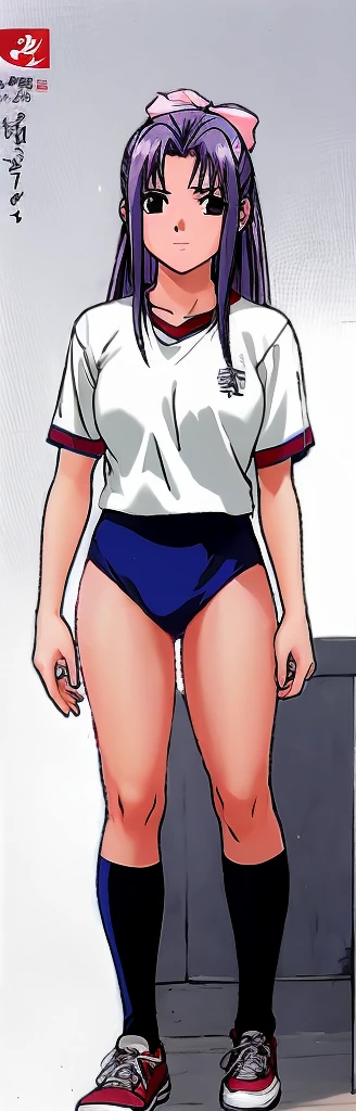 Momoko Koigakubo, a tall girl with beautiful legs, is standing in a white gym uniform and navy blue bloomers that look like panties.。