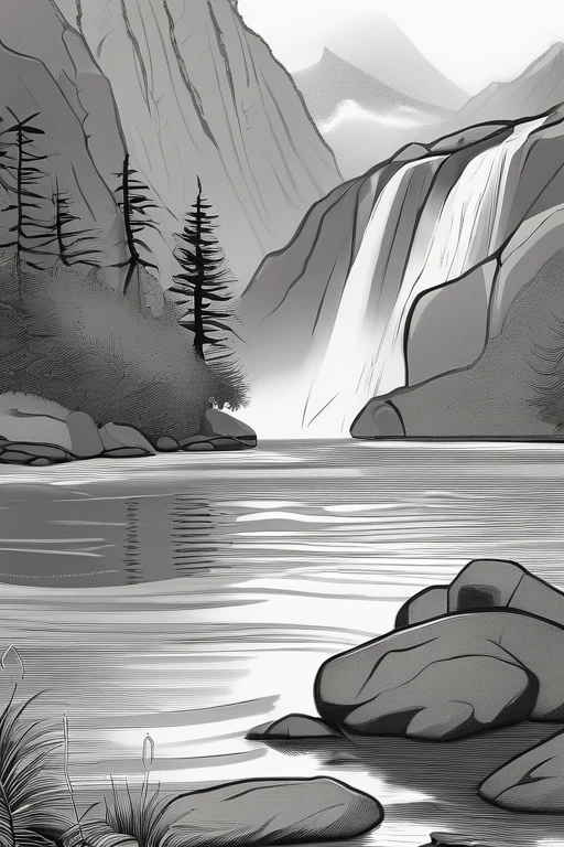A old man in center of image, fishing rod in hand, large mordern boat, river between mountains, small and large rocks, waterfall in background, only outline used, outline, ((white background)), details of frame, day shunshine, sun between clouds, no color (coloring book), the drawing lines only, free line on paper, sketch style, no background, clean lines only.