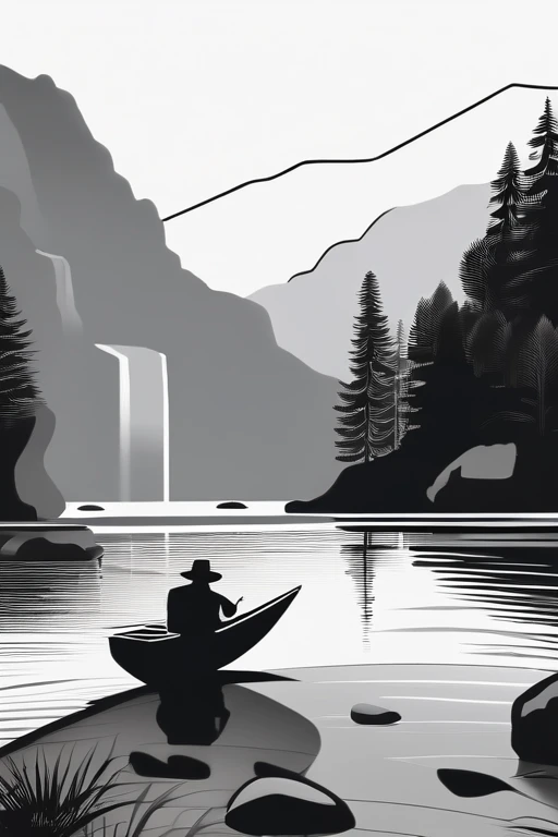 A old man in center of image, fishing rod in hand, large mordern boat, river between mountains, small and large rocks, waterfall in background, only outline used, outline, ((white background)), details of frame, day shunshine, sun between clouds, no color (coloring book), the drawing lines only, free line on paper, sketch style, no background, clean lines only.