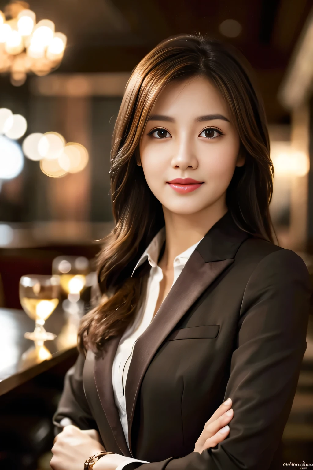 masterpiece, highest quality, Realistic, Very detailed, Finer details, High resolution, 8k wallpaper, One beautiful woman, Wear casual business attire, In a great restaurant, At night, Light brown messy hair, Perfect dynamic composition, Beautiful and beautiful eyes