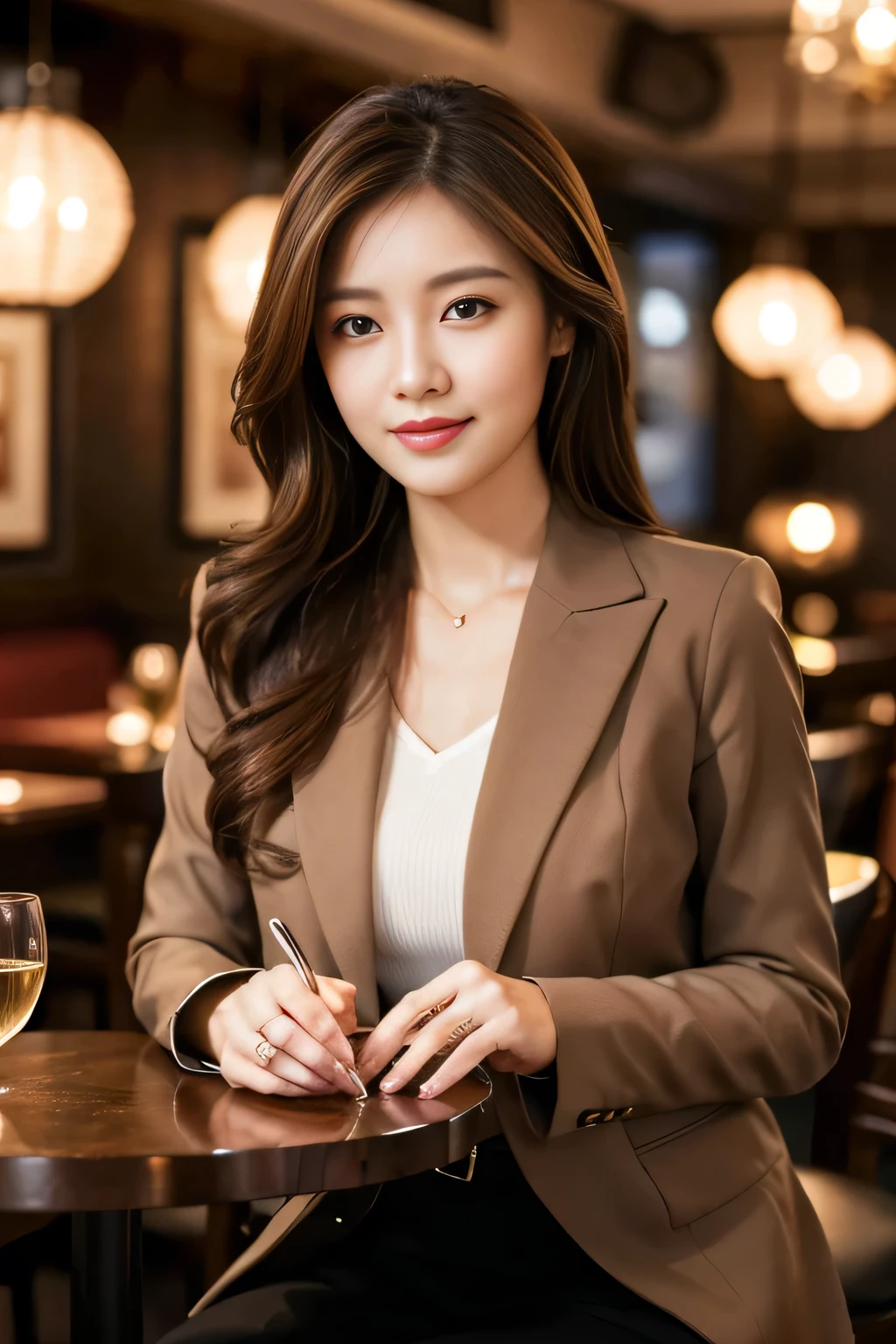 masterpiece, highest quality, Realistic, Very detailed, Finer details, High resolution, 8k wallpaper, One beautiful woman, Wear casual business attire, In a great restaurant, At night, Light brown messy hair, Perfect dynamic composition, Beautiful and beautiful eyes