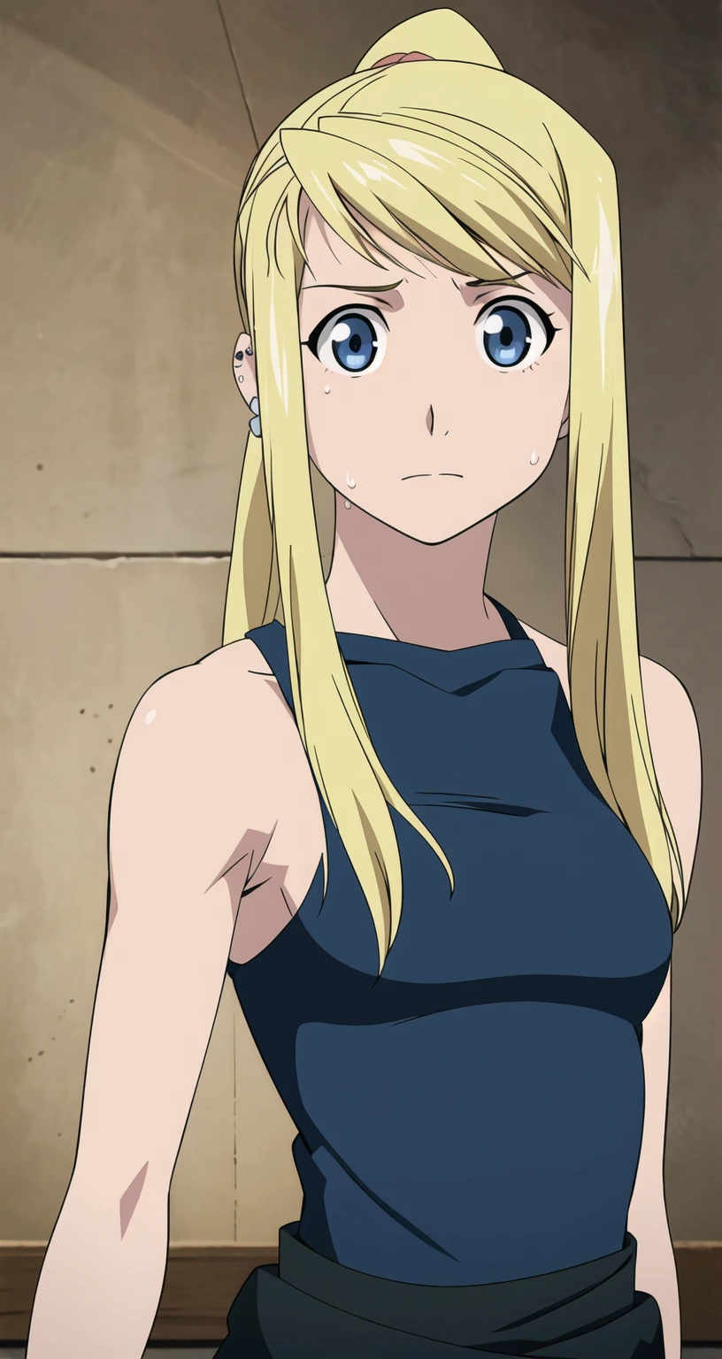 masterpiece, highest quality, , One girl, alone, View your viewers, Upper Body, , , Realistic, Winry_rock bell, Blonde, blue eyes, ponytail, ,tight black tube top、Big 、Waist wrap、Sweat