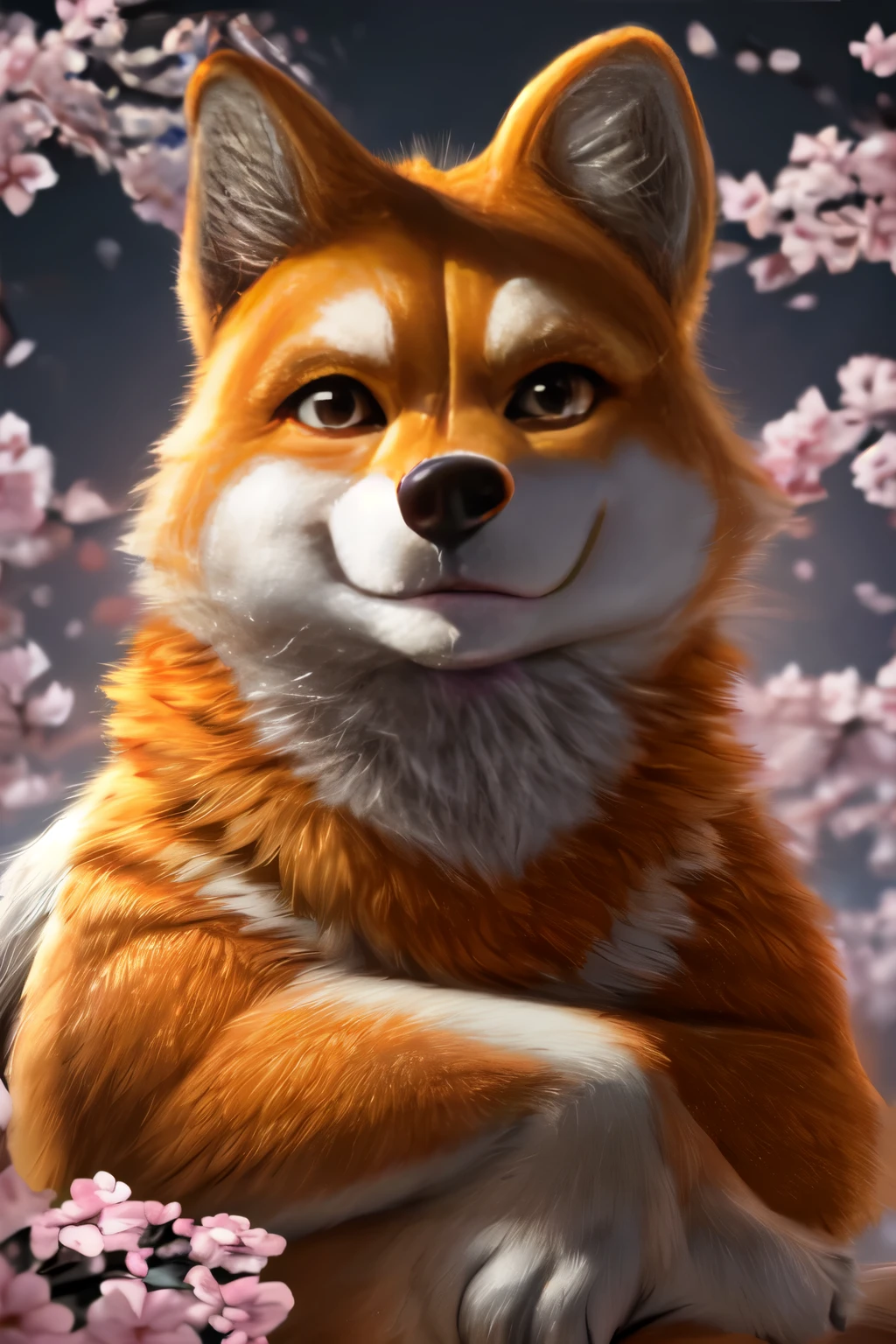 (Ultra detailed), a beautiful and intricately rendered full-size portrait of a Shiba Inu, (canine with orange and white fur), stoically looking directly at the viewer, ((anatomically correct)), ((loyal and affectionate expression)), classic pose with paws placed in front, ((sharp and detailed eyes with expressive eyebrows)), traditional Japanese background featuring cherry blossoms, (high-quality texture and shading), (detailed fur texture), 4K HD, (dynamic lighting), by (renowned artists such as BISQUIT, AmyQ, or Xia Taptap), trending on ArtStation, #ShibaInuArt, Foxovh, cin