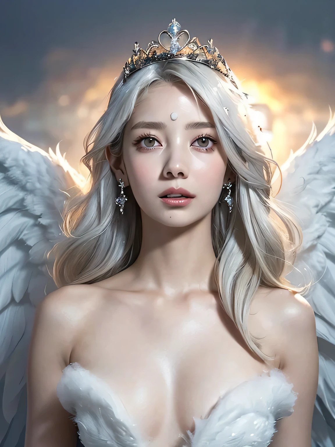 (watercolor:1.1),(Incredible detail, Texture and maximum detail), Doll-like girl with angel wings, Archangel, Angel Ring, Elven ears with many earrings, Look forward, nearly naked, Thin body, skinny, , small , Princess Crown, Dragon Horn, Look up at the camera, (Without hands),(Highest quality real textured skin),(Faint sunshine),(Clamshell Catch Light:1.5),(Abysmal),(Are you okay, round, Symmetrical eyes),Delicate facial features,(Burning bright cold eyes), very slim and Thin body, naked, nude, (She has a mischievous smile),(Her face is kind and beautiful),Glass earrings in the ears,,(Blonde),(Silvery white hair),(Dramatic Photos:1.4),(Dramatic Pose),(Flashy photos), Upturned eyes, Upward glance, Cluttered picture,(Hair floating in the air:2.0),(Background vortices and currents),(Dramatic Light),(Nice views),(Surrounded by beautiful feathers),Spectacular realism,Cinematic feel,(High-density image review:1.5),(Soft colors:1.2),Super detailed,Dramatic Light,(Intricate details:1.1), Complex background, Sparkly Background, Fractal Background,naked,nude,
