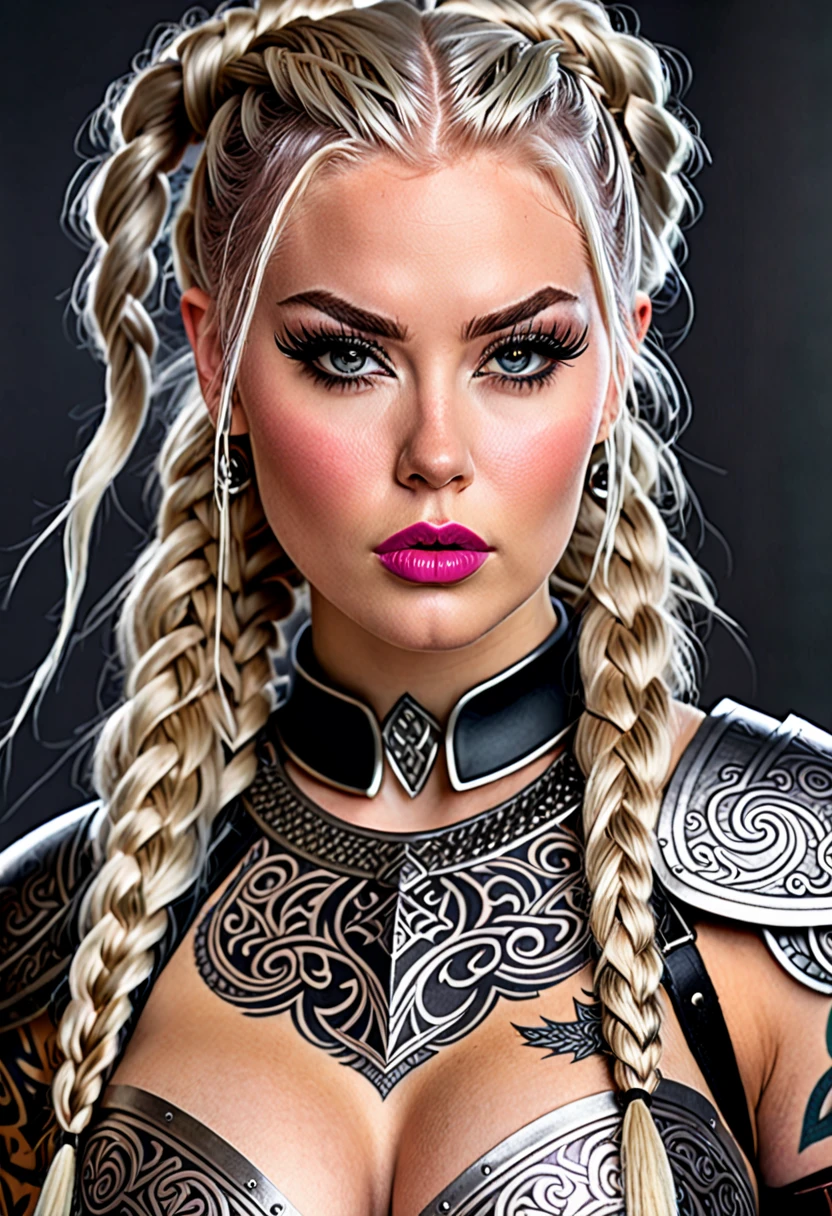 Hyper realistic photo Realism CG 8K. Giant Scandinavian tattooed viking girl, hyper realistic detailed Perfect face, thin curved platinum blonde eyebrows, black eyeliner,long luscious eyelashes, black eye shadow, curved lips, matte pink lipstick, long messy viking braids, real viking armor, large voluptuous breast, perfect ass, full body portrait,