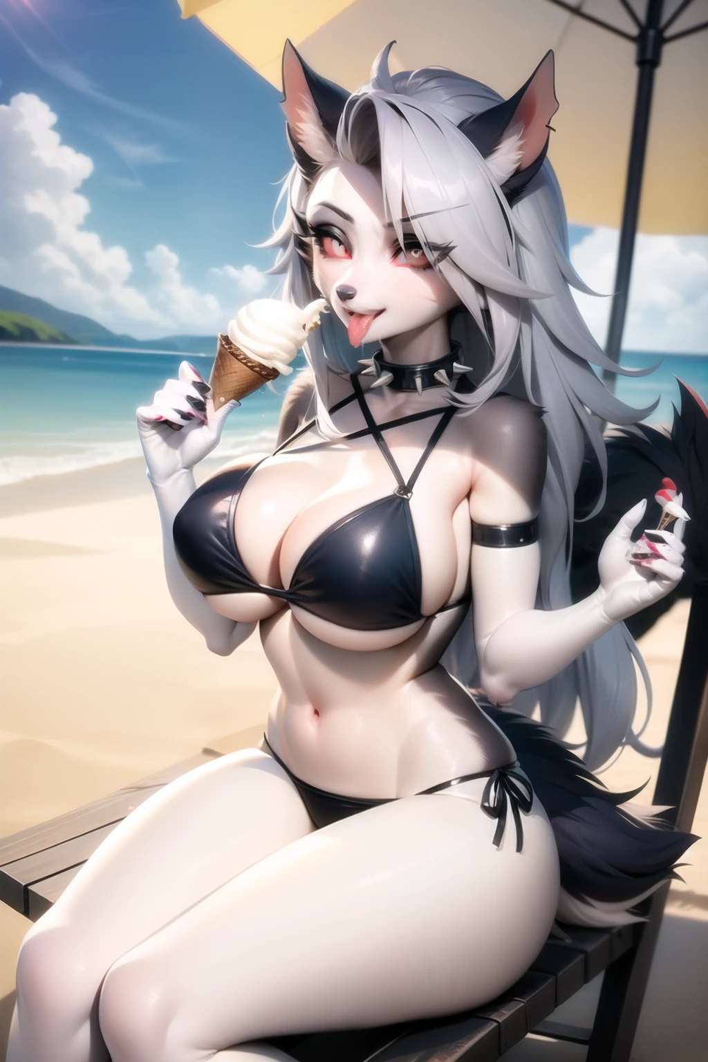 masterpiece, best quality, loona hellhound, black bikini, big breast, detailed face, detailed eyes, (slit pupils, white eyes), red sclera, happy, [smile, [spiked collar]], digitigrade, sitting on beach chair, beach, under umbrella, shade, melted vanilla ice cream on breast, licking ice cream