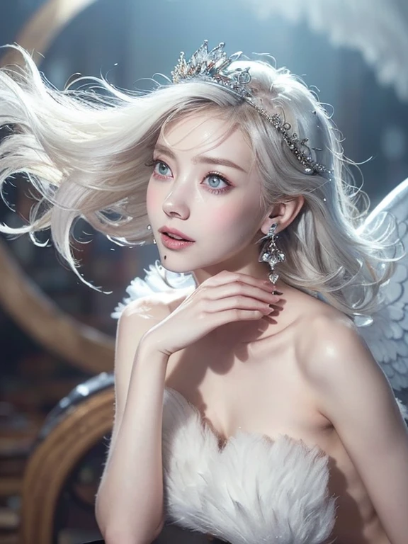 (watercolor:1.1),(Incredible detail, Texture and maximum detail), Doll-like girl with angel wings, Archangel, Angel Ring, Elven ears with many earrings, Look forward, nearly naked, Thin body, skinny, small胸, small , Princess Crown, Dragon Horn, Look up at the camera, (Without hands),(Highest quality real textured skin),(Faint sunshine),(Clamshell Catch Light:1.5),(Abysmal),(Are you okay, round, Symmetrical eyes),Delicate facial features,(Burning bright cold eyes), very slim and Thin body, naked, nude, (She has a mischievous smile),(Her face is kind and beautiful),Glass earrings in the ears,,(Blonde),(Silvery white hair),(Dramatic Photos:1.4),(Dramatic Pose),(Flashy photos), Upturned eyes, Upward glance, Cluttered picture,(Hair floating in the air:2.0),(Background vortices and currents),(Dramatic Light),(Nice views),(Surrounded by beautiful feathers),Spectacular realism,Cinematic feel,(High-density image review:1.5),(Soft colors:1.2),Super detailed,Dramatic Light,(Intricate details:1.1), Complex background, Sparkly Background, Fractal Background,naked,nude,