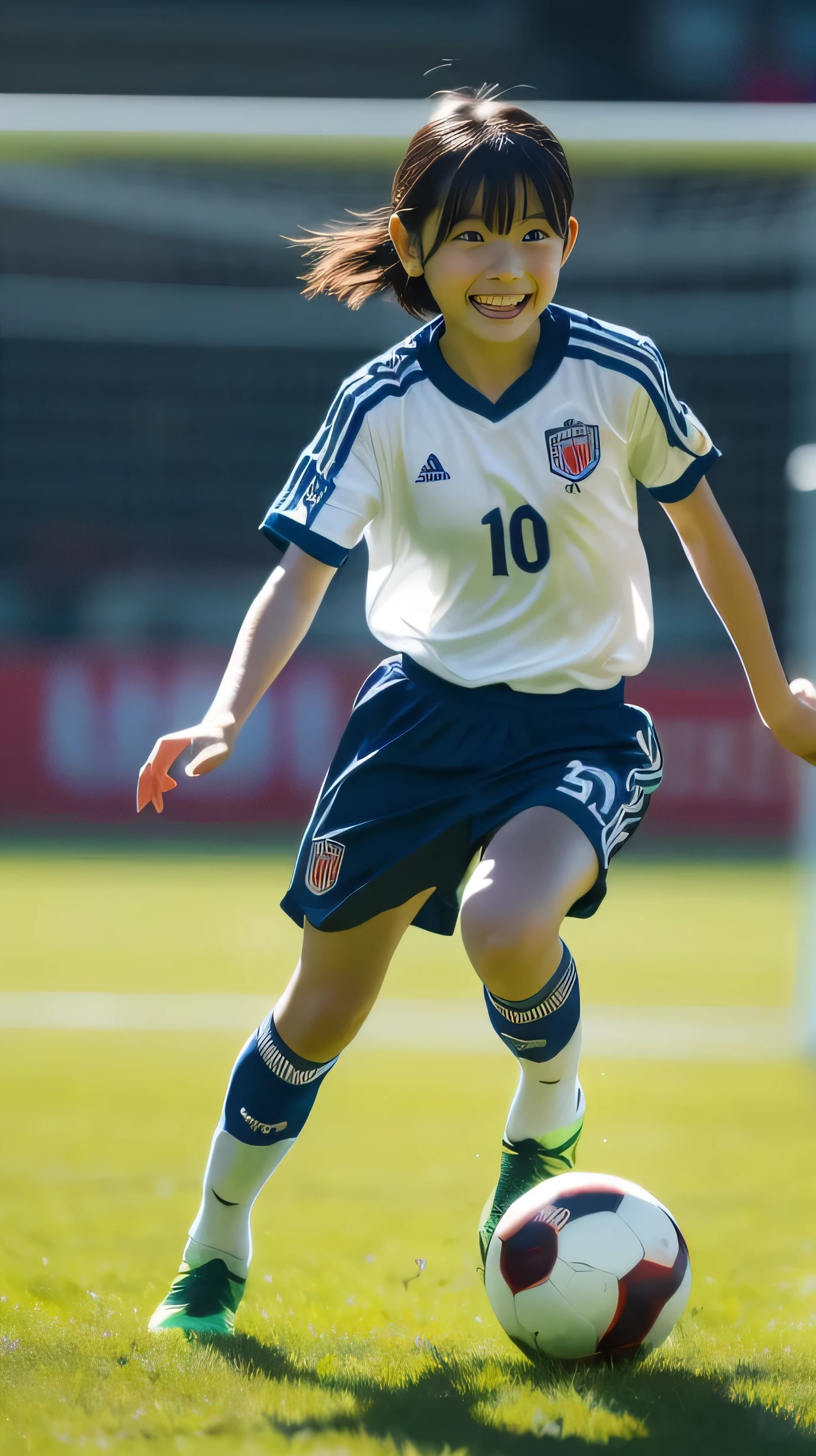 masterpiece,bestquality,very beautiful 12 year old girl,(realistic:1.5),bob cut,Soccer Representation from Japan uniform,detailed eyes and face,8k high quality,so beautiful,smile, thin thighs,ultrahighres,highly detail eyes, highly detailed face, ,incredibly beautiful,DSLR,Soccer field,Representation from Japan,During a football match,((Dribbling)),(Dribble up the field),Uplifting,Speed,Angle from below,