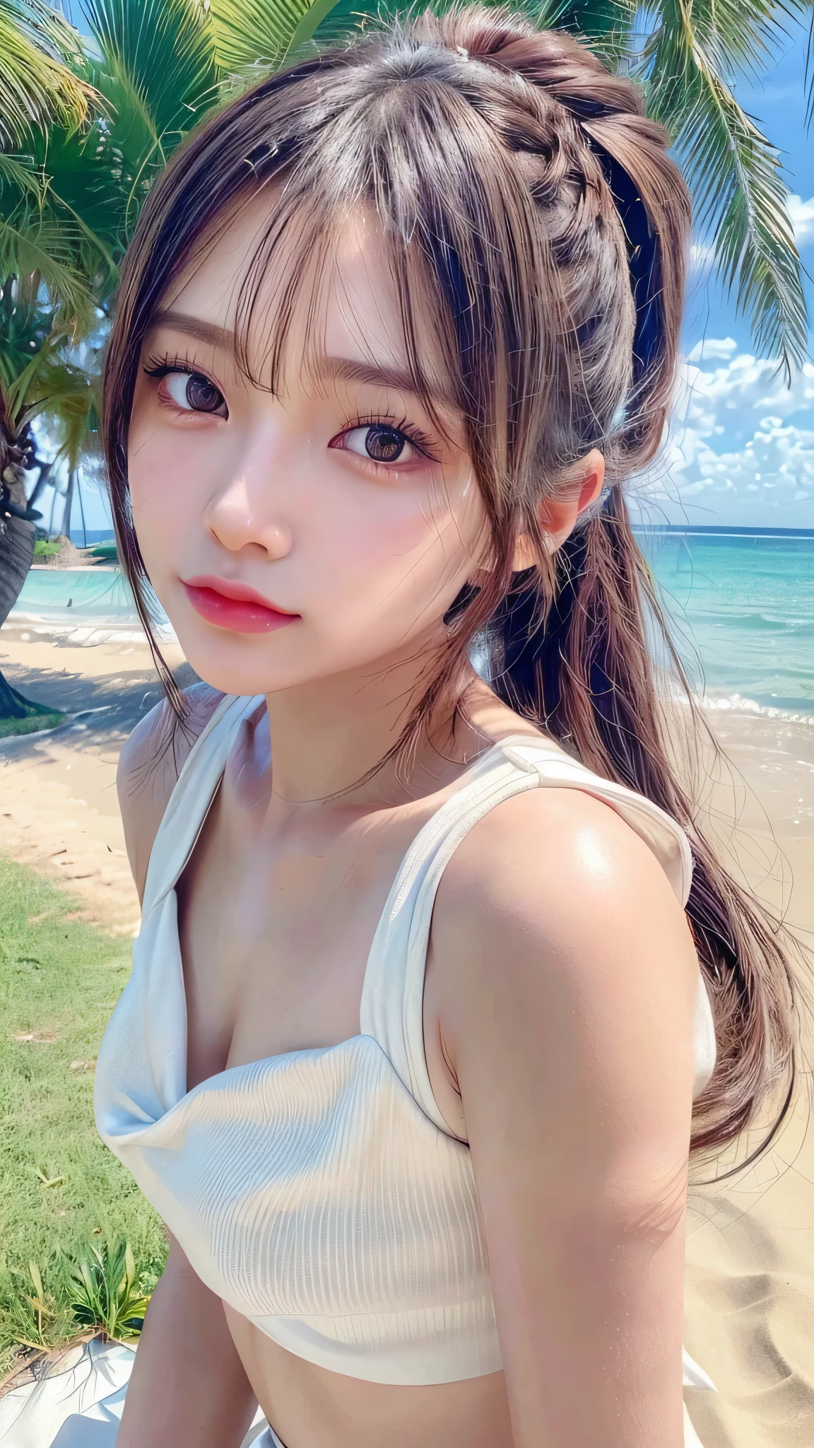 Beach,resort,white bikini,Close-up of face,Blushing,Facing forward,Close-up of face,Small ,14 yearair ponytail,((8K, Raw photo, Best Quality, Mastepiece:1.2), (Realism, Photorealistic:1.4), (Highly detailed 8K wallpapers), Depth of written boundary, Cinematic Lighting, Soft Light, Detailed Beauty Eye,Shiny and smooth light brown ponytail, Asymmetrical bangs, Shiny skin, Ultra-detailed skins ,It is high resolution., High detail, Detailed hairstyle, Detailed facial beauty, Hyper-realistic, Perfect limbs, Perfect Anatomy ,1 Japanese girl,Famous Japanese Idols, Perfect female body,A shy smile,Short eyelashes,Double-edged eyelids,Look straight here,Hair style: ponytail,Close-up of face