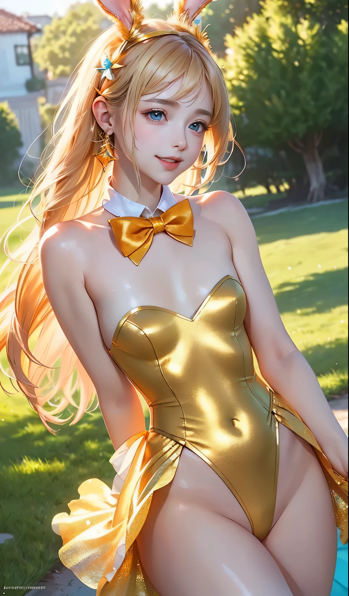 masterpiece, best quality, extremely detailed CG unity 8k wallpaper, (Upper Body head close-up shot of a beautiful ***********), , Elegant Long straight blonde hair, (Mckenna Grace), (flat chest,thighs), (orange-Cyan) golden (Glittering tutu,long Bunny Ear Headgear, , Bow-tie, No panties, genitals visible), (), (Blush), oil skin, (seductive smile), (Wonderland), pretty face, key art, award winning, intricate detail realism hdr, by (ruan jia and artgerm and range murata), Photorealism, Hyperrealism, ultra realistic, dramatic light, intense shadows, gorgeous view, depth of field
 
