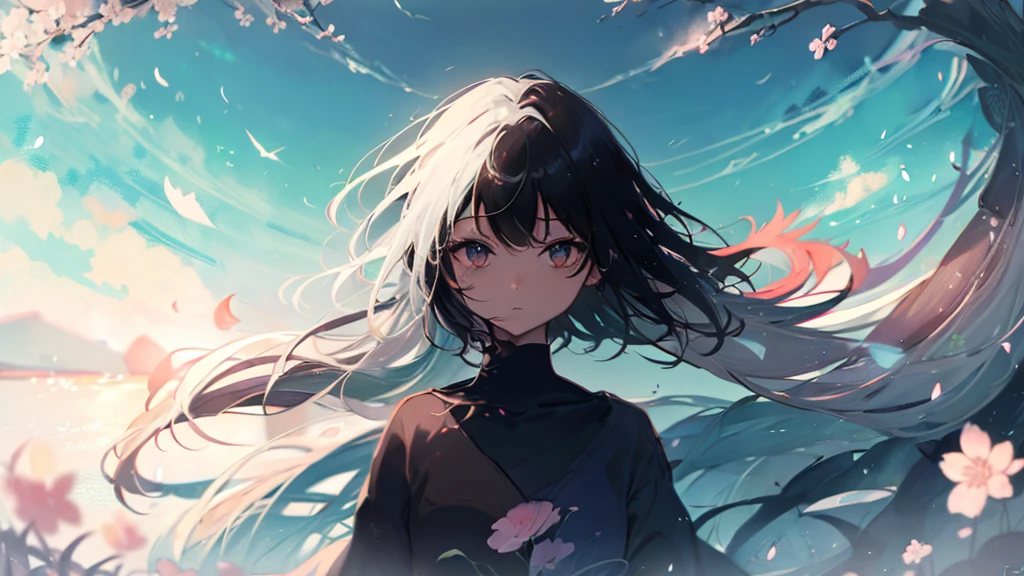 Product illustration for Girl in the Wind,cherry blossoms,In water,water,black hair,short bob,white skin,Pale complexion,Light skin tone,face forward,Are standing