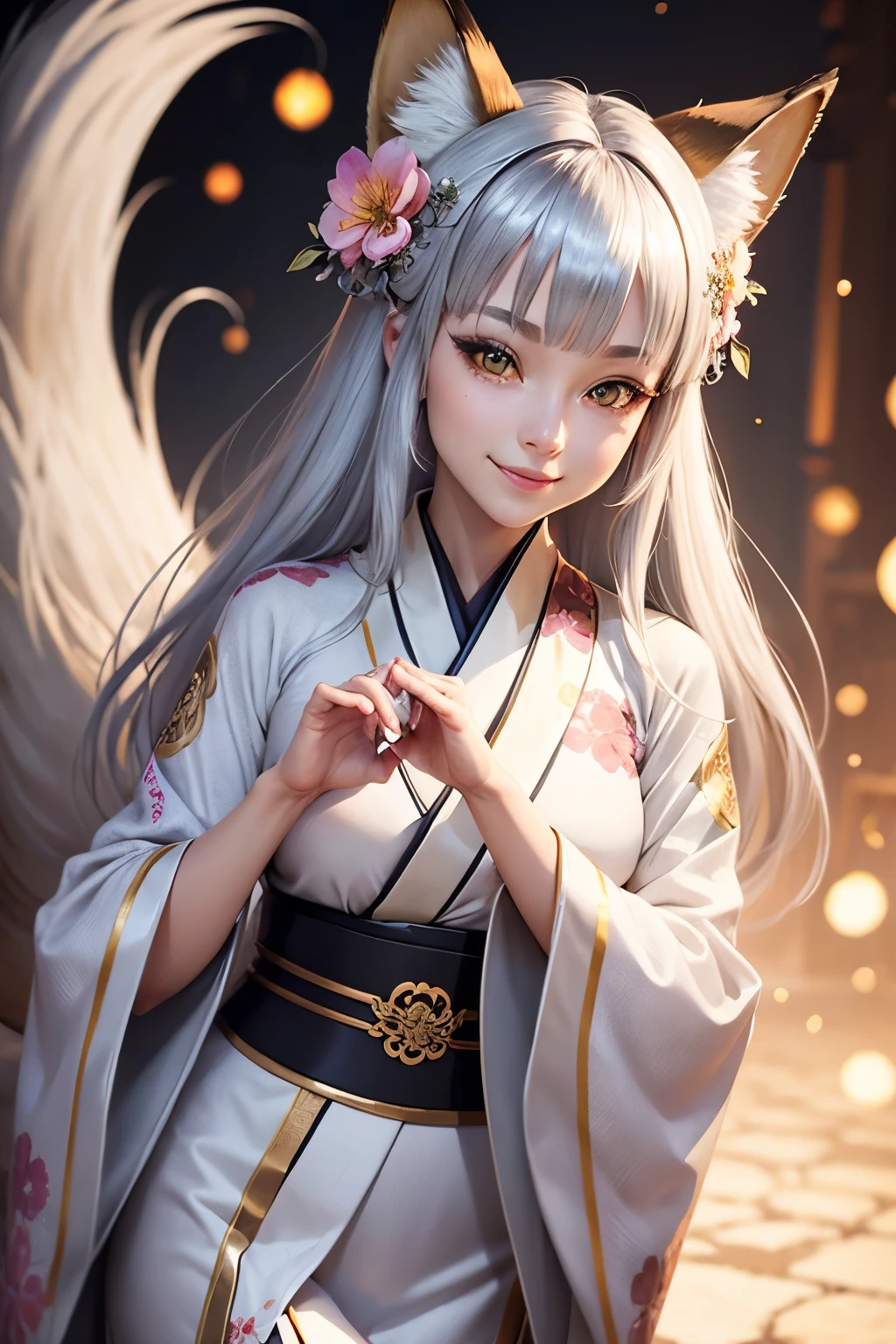 Fox Ears Fox Tail Girl Golden Eyes Silver Hair Flower pattern kimono Ultra-realistic smile Beckoning