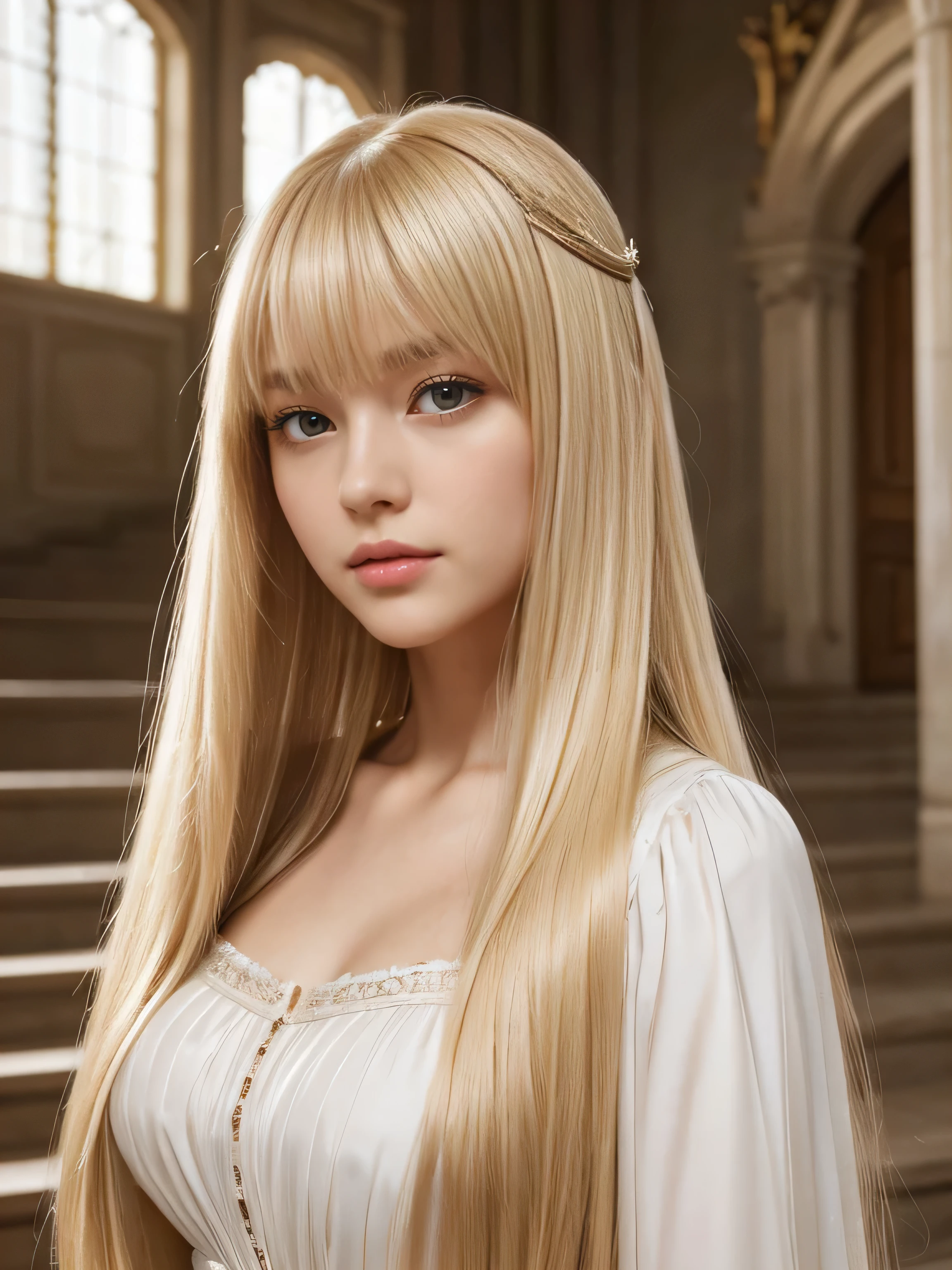 ((Full Shot:1.3))　(Big Breasts 1.4)　((highest quality)), ((masterpiece)), (Get used to it), Perfect Face　　(French)　(She is 18 years old、The cutest beautiful fantasy girl in France, solo shoot)　((highest quality)), ((masterpiece)), length blonde hair 　length, shining golden hair,Golden Silky Hair, Straight blonde hair, length blonde straight hair, Perfect Silky Straight Hair, Straight blonde hair, length blonde hair, Her hair is long and straight, detailed length blonde hair　((big 1.4))　Super Long Hair down to the ankles　((Neat bangs　The neatly trimmed bangs are princess cut and cover the entire forehead.......))...　bright crimson lips　good, Anatomically correct hand　Thin fingers　Anatomically correct five fingers　Sexy professional makeup　Beautiful French girl face, French facial features, Long Hair shiny Long Hair, length, shining golden hair, length, Straight Golden Hair, Her hair is long and straight, Super Long Hair girl, Silky Hair, length blonde hair, Silky Hair, length, Flat Hair, Silky texture, Long Hair, length, flowing blonde hair, thin and shiny hair　Anatomically correct、White beautiful human skin and detail of hands and fingers　Beautiful Eyes　Mouth Details　the corners of the mouth rise slightly　Cool look　　(The eyebrows are dark brown in color)　　(She is wearing the gorgeous blue dress worn by Cinderella in the live-action version.　Disney Color Photos、tumbler、Renaissance、Cinderella、She is wearing a gorgeous white Victorian dress..)　(This is the European prairie of the 16th century.:1.5)　(Posing for battle with a gorgeous sword:1.5)　(Open your mouth:1.5)　(Energetic expression)