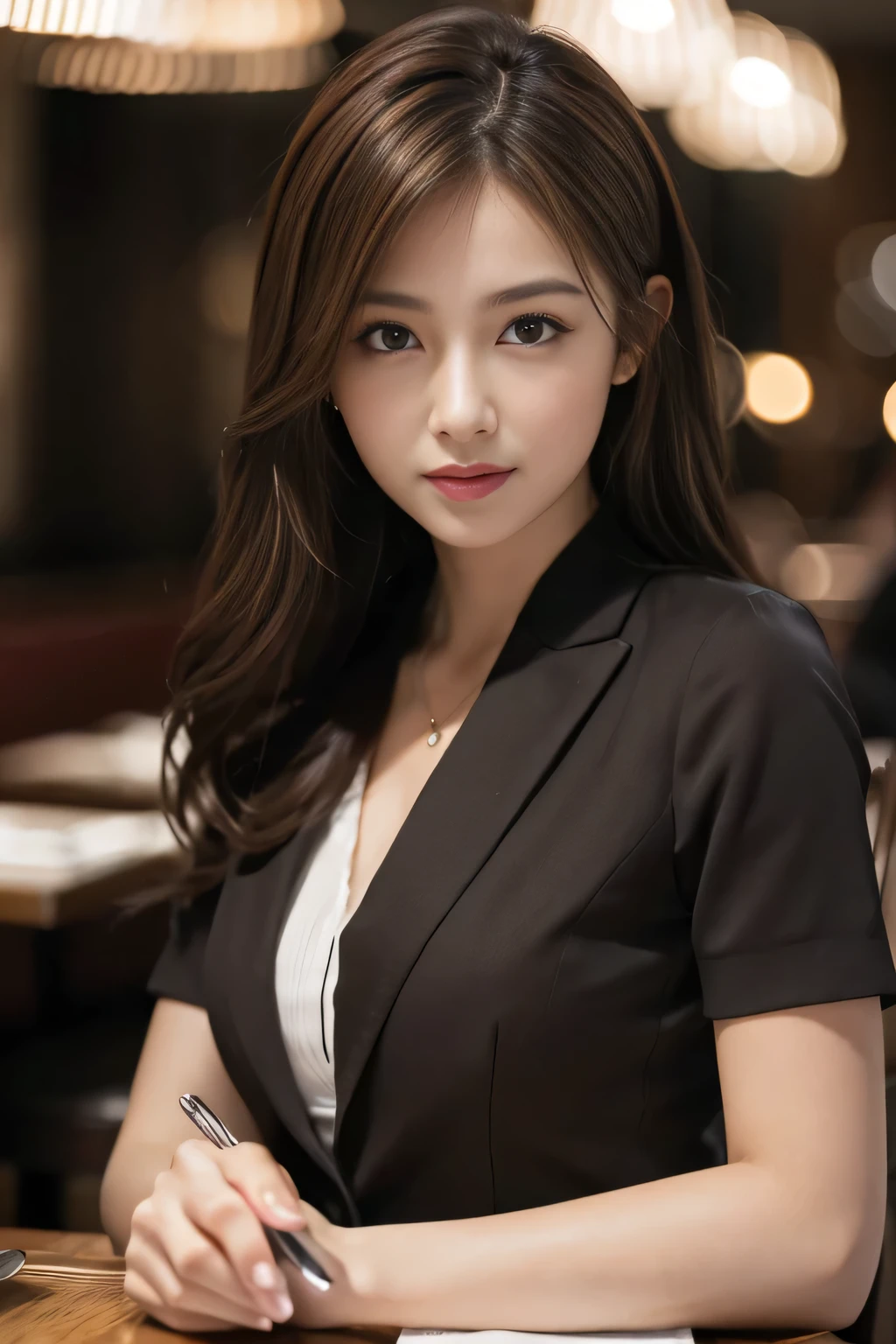 masterpiece, highest quality, Realistic, Very detailed, Finer details, High resolution, 8k wallpaper, One beautiful woman, Wear casual business attire, In a great restaurant, At night, Light brown messy hair, Perfect dynamic composition, Beautiful and beautiful eyes