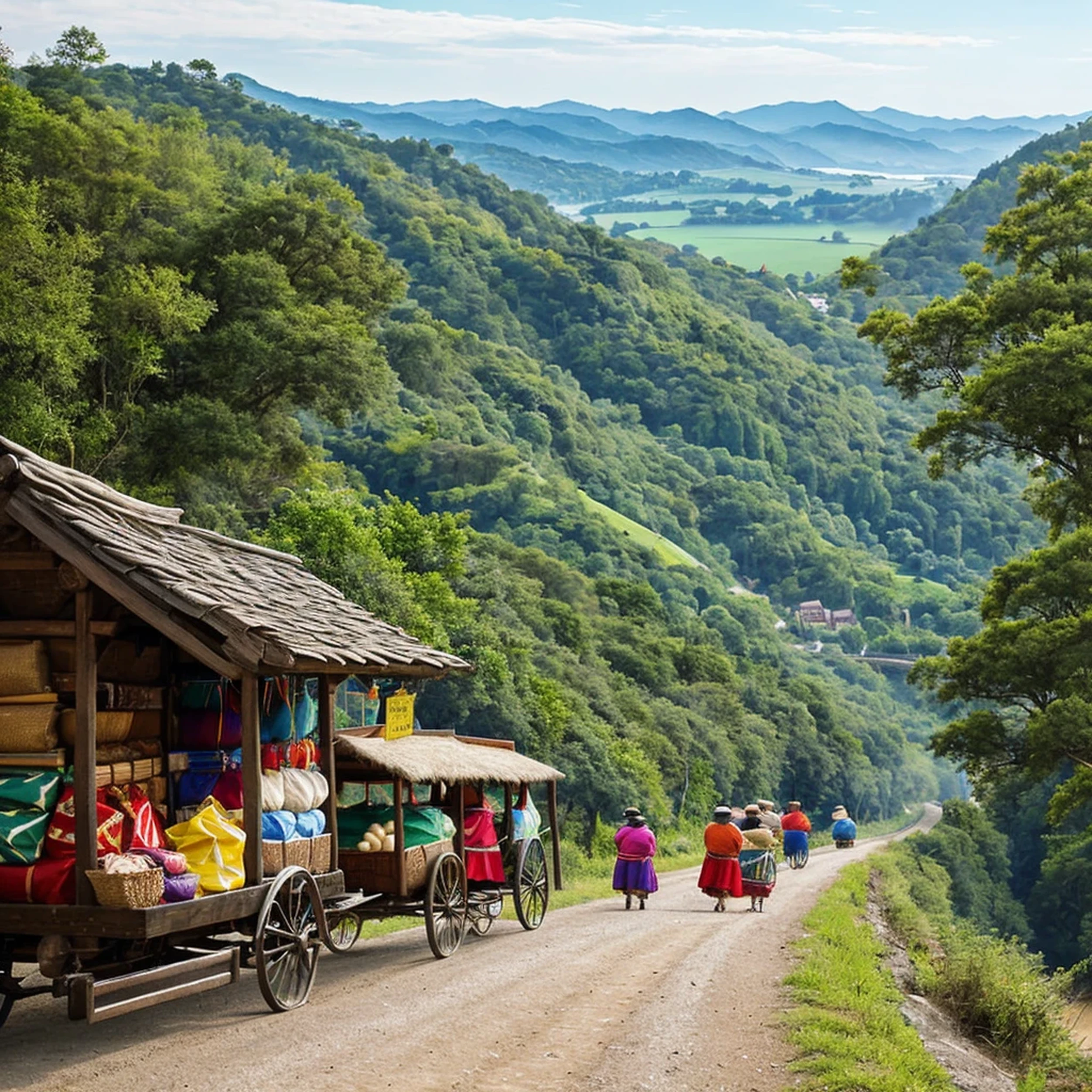 Game banner, a group of fat merchants on the road, next to the landscape, hanging money bags, next to a carriage carrying treasure chests, comic style