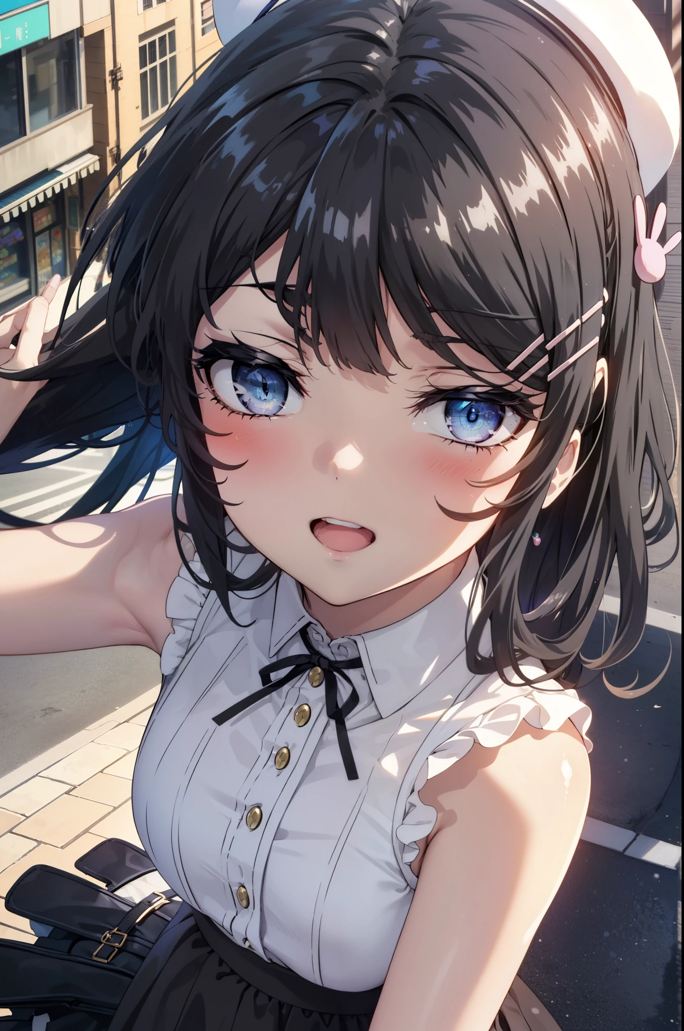 maisakurajima, Mai Sakurajima, Long Hair, bangs, (Black Hair:1.5), hair ornaments, (Purple eyes:1.1), Hair Clip, rabbit hair ornaments,time Daytime,sunny,Light of the sun,White hat,
happy smile, smile, Open your mouth,blush,Sleeveless dress,Long skirt,Cute heeled sandals,Clear skies,Daytime break looking at viewer,whole body, (Cowboy Shot:1. 5) , break outdoors, Building district,In town, break (masterpiece:1.2), highest quality, High resolution, unity 8k wallpaper, (shape:0.8), (Beautiful and beautiful eyes:1.6), Highly detailed face, Perfect lighting, Highly detailed CG, (Perfect hands, Perfect Anatomy),