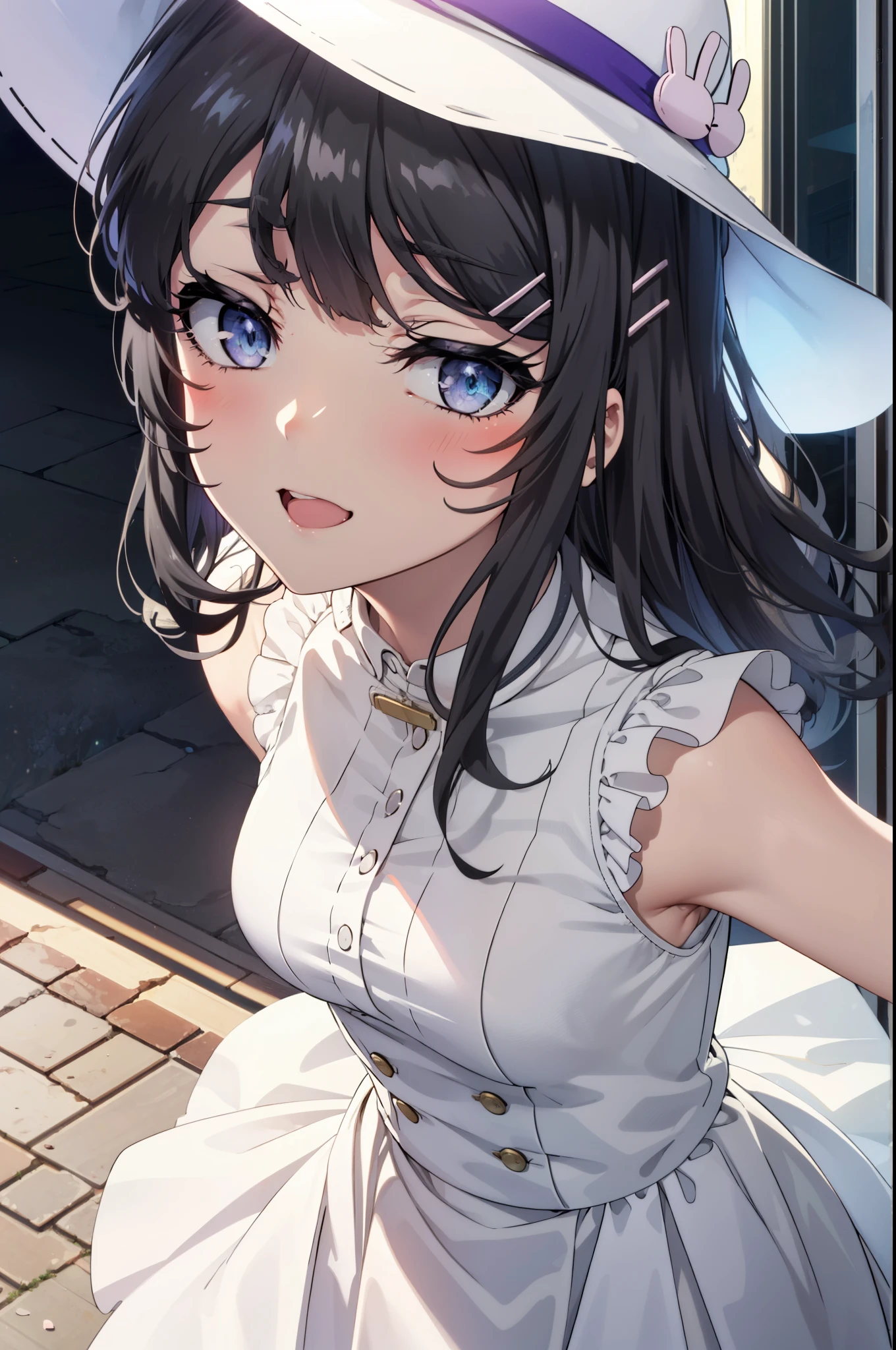 maisakurajima, Mai Sakurajima, Long Hair, bangs, (Black Hair:1.5), hair ornaments, (Purple eyes:1.1), Hair Clip, rabbit hair ornaments,time Daytime,sunny,Light of the sun,White hat,
happy smile, smile, Open your mouth,blush,Sleeveless dress,Long skirt,Cute heeled sandals,Clear skies,Daytime break looking at viewer,whole body, (Cowboy Shot:1. 5) , break outdoors, Building district,In town, break (masterpiece:1.2), highest quality, High resolution, unity 8k wallpaper, (shape:0.8), (Beautiful and beautiful eyes:1.6), Highly detailed face, Perfect lighting, Highly detailed CG, (Perfect hands, Perfect Anatomy),