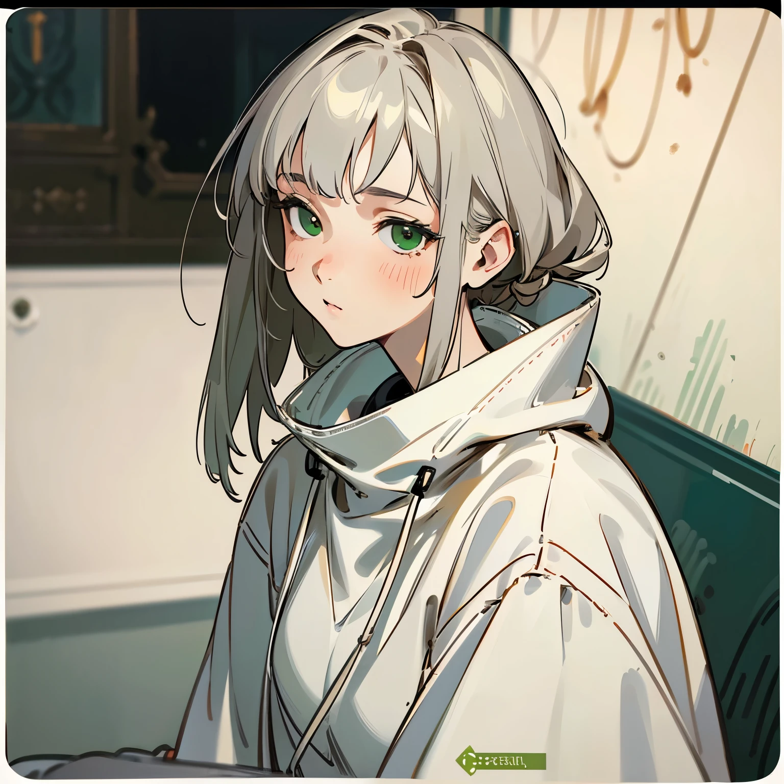 8k, highest quality, masterpiece, Ultra-high resolution, (realism: 1.4), Original photo, (Realistic skin texture: 1.3), (Film Grain: 1.3), (selfie angle), 1 girl, Gray sweatshirt, Green eyes and beautiful facial details, 赤いロングヘアーmasterpiece, highest quality, close, Upper Body