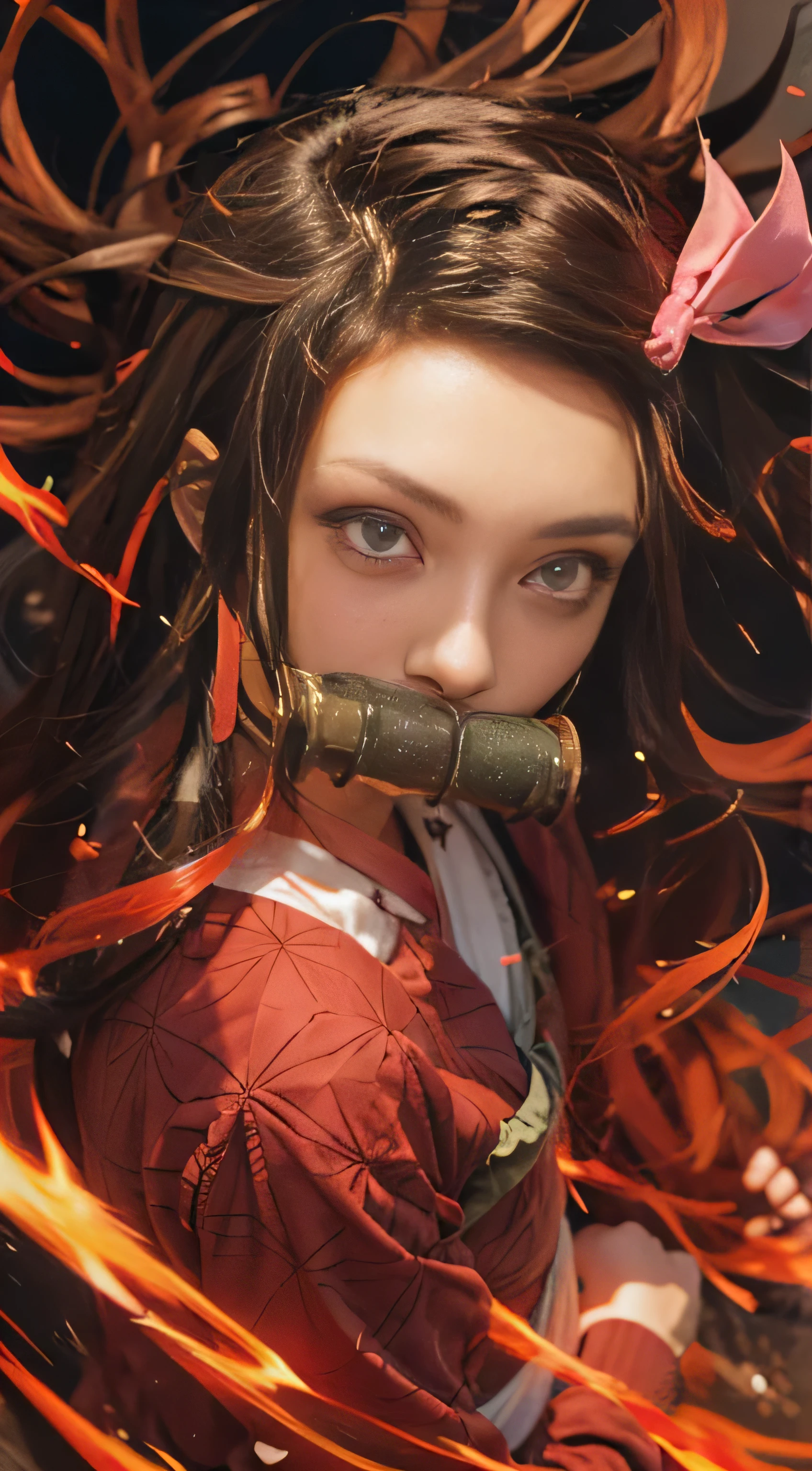 a girl with long hair and a bow in her hair, nezuko, nezuko-chan, demon slayer artstyle, demon slayer rui fanart, ayaka genshin impact, rin tohsaka, official artwork, demon slayer, tanjiro kamado, flaming katana, kawacy, anime visual of a cute girl
