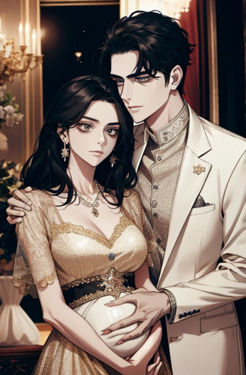 family, royal, elegant, good looking, kids, detailed, 4k, mom and dad, detailed eyes, pretty hair, handsome man, gorgeous woman, fine mom, hot dad, hot parents, mom with black hair, mom pregnant, man looking at woman with love, man hugging woman