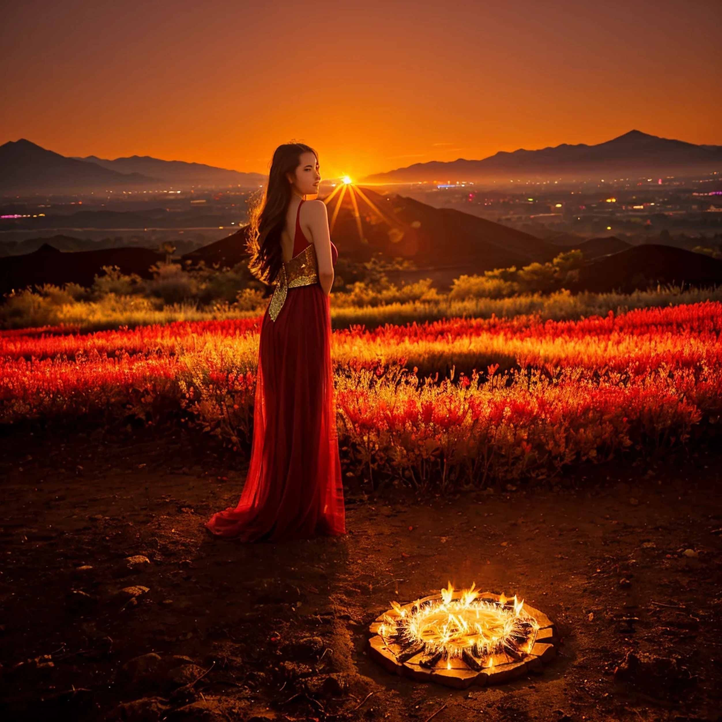 (Masterpiece, best quality: 1.2), a girl with phoenix wings standing in a ring of fire, with glowing red eyes, phoenix, lotus flowers, red gold pink, sunrise from mountain at the background