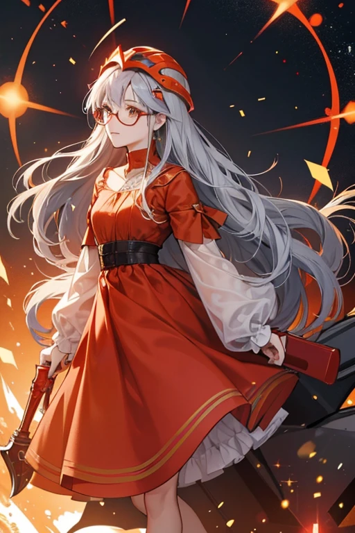 She has gray hair that sprouts from both sides of her head. She wears an orangish red dress with rifled ends and red shoes. She wears glasses and a blue helmet. SPARKLE; GLITTER