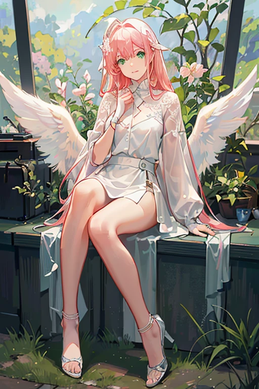 artwork, best quality, 8k, Photographic Reality, realistic, octane rendering, forest in New Zealand (1 angel woman: 1.4), (Only one woman on screen: 1.3), (white shirt), (long pink hair) (green eyes) (long white greek dress) (long white wings) ( Full of freckles) sitting on a flowery field