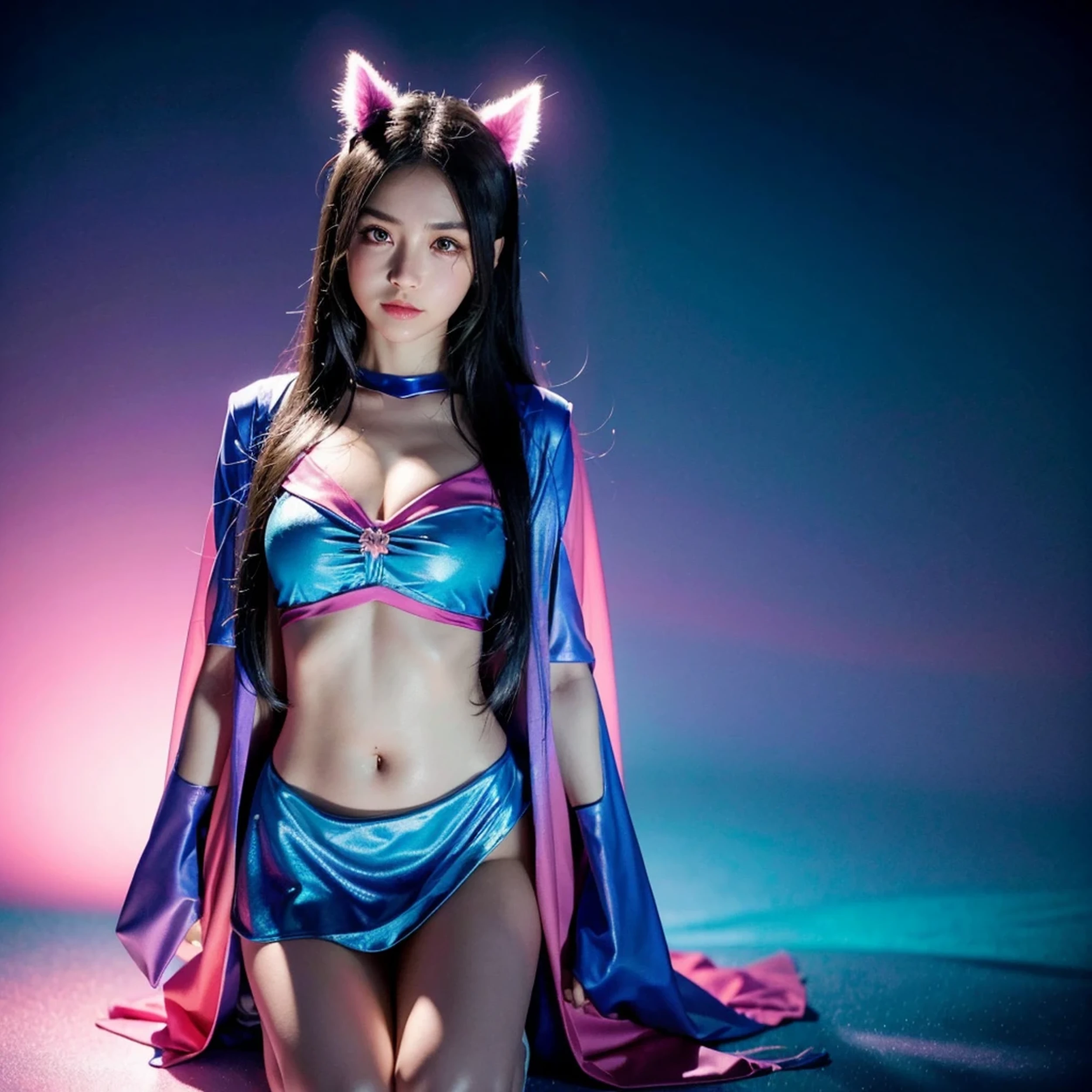 Mioda Ibuki /(Danganronpa/), bank ultra-detailed, masterpiece, illustration, 8k, masterpiece, realistic shadows, wind, gradient, volumetric lighting, cute, ambient lighting, colorful, glowing particles, beautiful detailed eyes 1girl, solo, (original outfit), dungeon background, blue and pink mage outfit, cloak, magic, fantasy