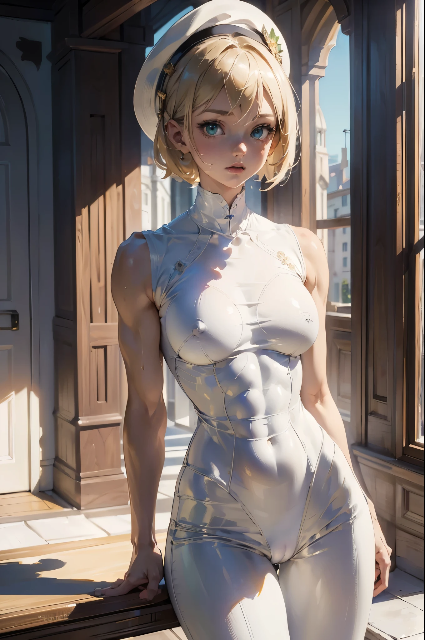 ((masterpiece)), ((best quality)), ((best quality)), (Illustration of One Girl), whole body, 25 years old,, Blonde, short hair, Green Eyes, (((High)), ((Muscular body)), ((Muscular body)), ((Muscular body)), )), (White clothes), (White pants), (White Hat), Trench coat, (Very large breasts)),((Grooves reveal original skin))