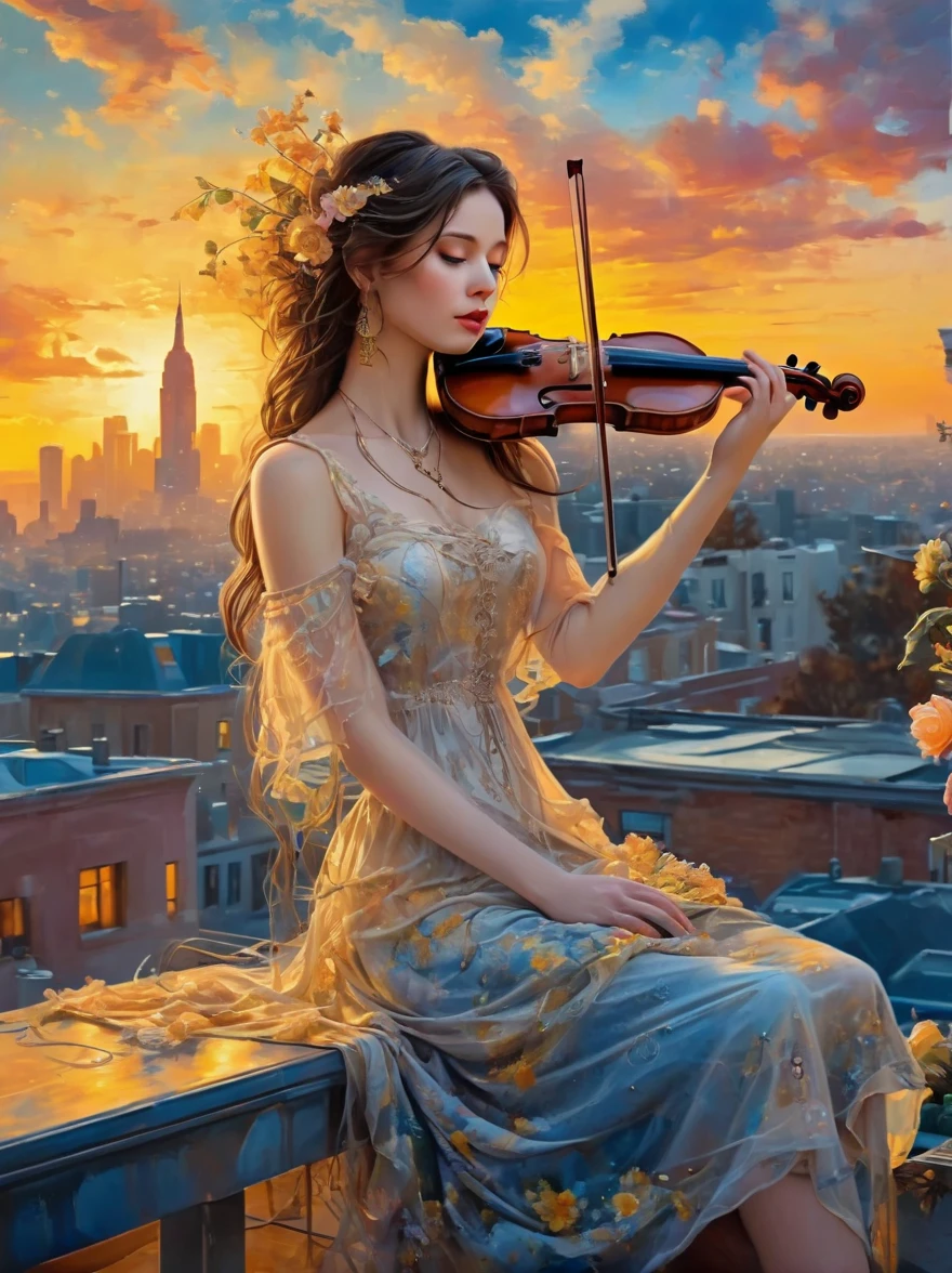 A soulful musician playing the violin on a rooftop at dusk, sheet music, musical notes, reflective, city skyline, dramatic sunset, surrealistic oil painting by James Jean, Van Gogh, Mark Ryden, and Robbie Trevino, pop cyberpunk steampunk flowerpunk, atompunk, cinematic, wallpaper