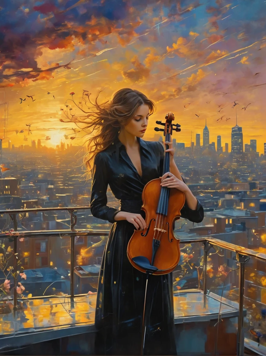 A soulful musician playing the violin on a rooftop at dusk, sheet music, musical notes, reflective, city skyline, dramatic sunset, surrealistic oil painting by James Jean, Van Gogh, Mark Ryden, and Robbie Trevino, pop cyberpunk steampunk flowerpunk, atompunk, cinematic, wallpaper