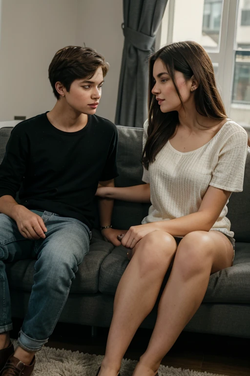 adult woman and young boy, sitting on sofa, talking to each other