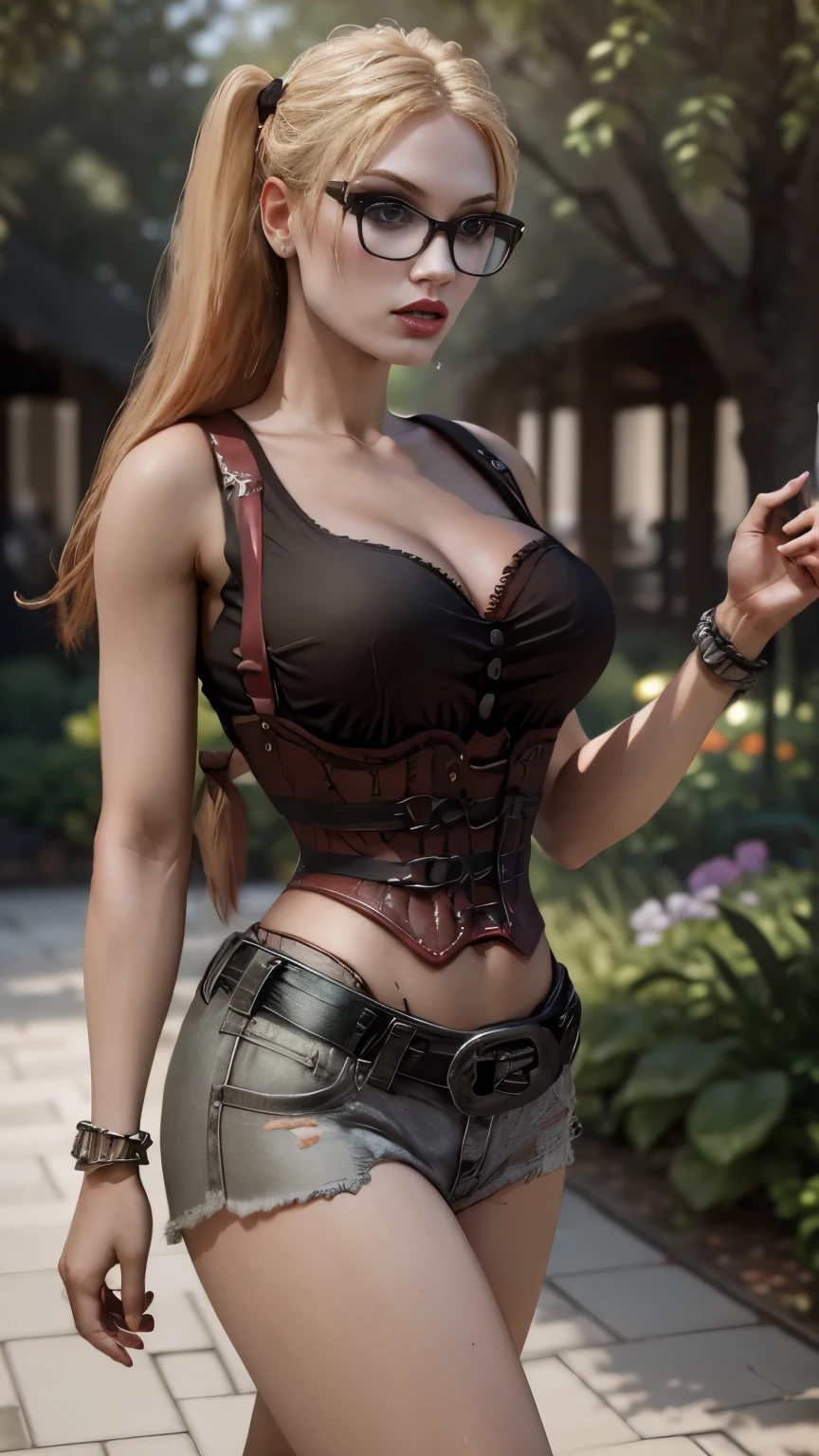 (best quality,highres,realistic:1.37), detailed blonde woman with big breasts and braided hair, wearing a tight-fitting Berta blouse paired with denim shorts and stylish glasses, in a vibrant garden scene, captured in a photorealistic style, with soft natural lighting and vivid colors