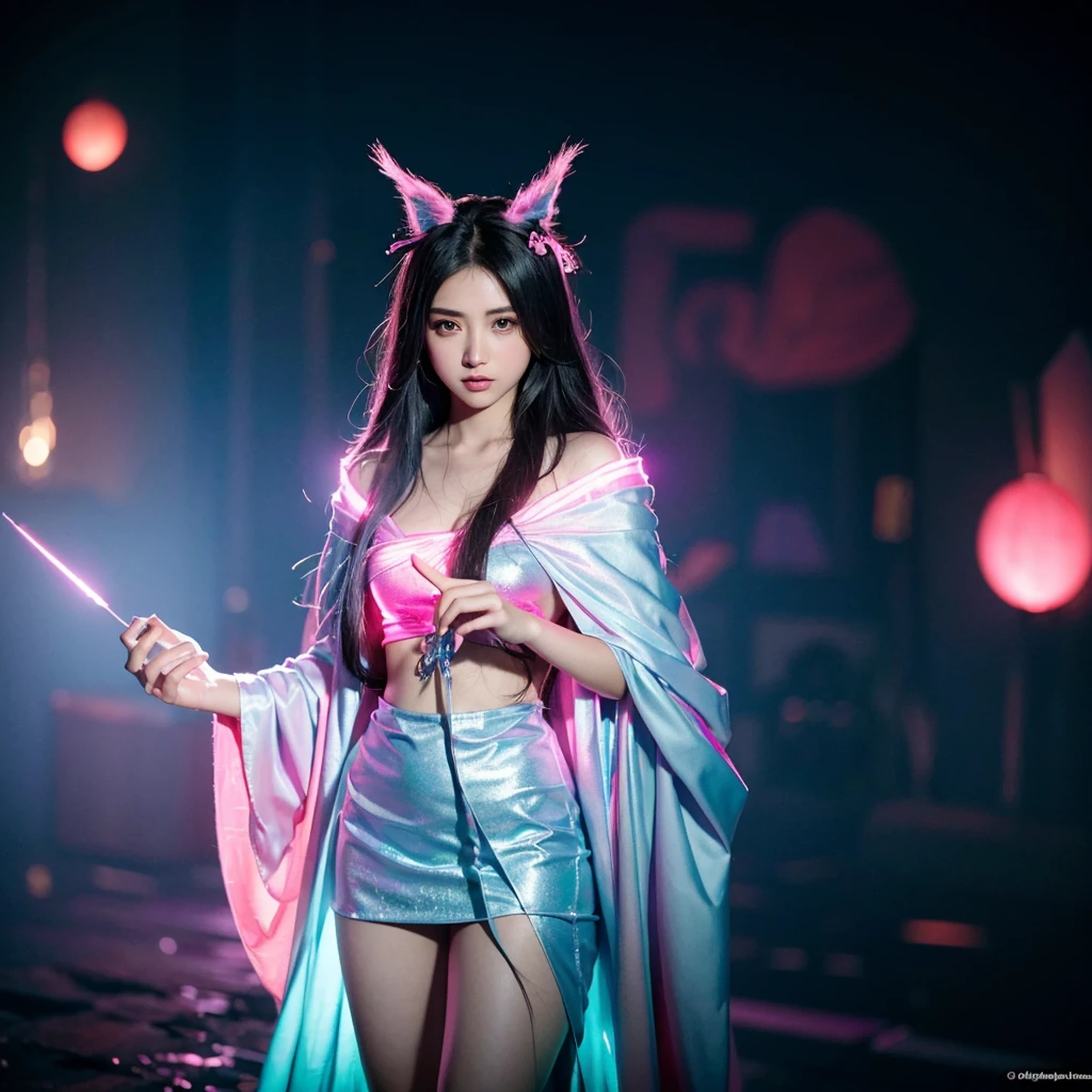 Mioda Ibuki /(Danganronpa/), bank ultra-detailed, masterpiece, illustration, 8k, masterpiece, realistic shadows, wind, gradient, volumetric lighting, cute, ambient lighting, colorful, glowing particles, beautiful detailed eyes 1girl, solo, (original outfit), dungeon background, blue and pink mage outfit, cloak, magic, fantasy