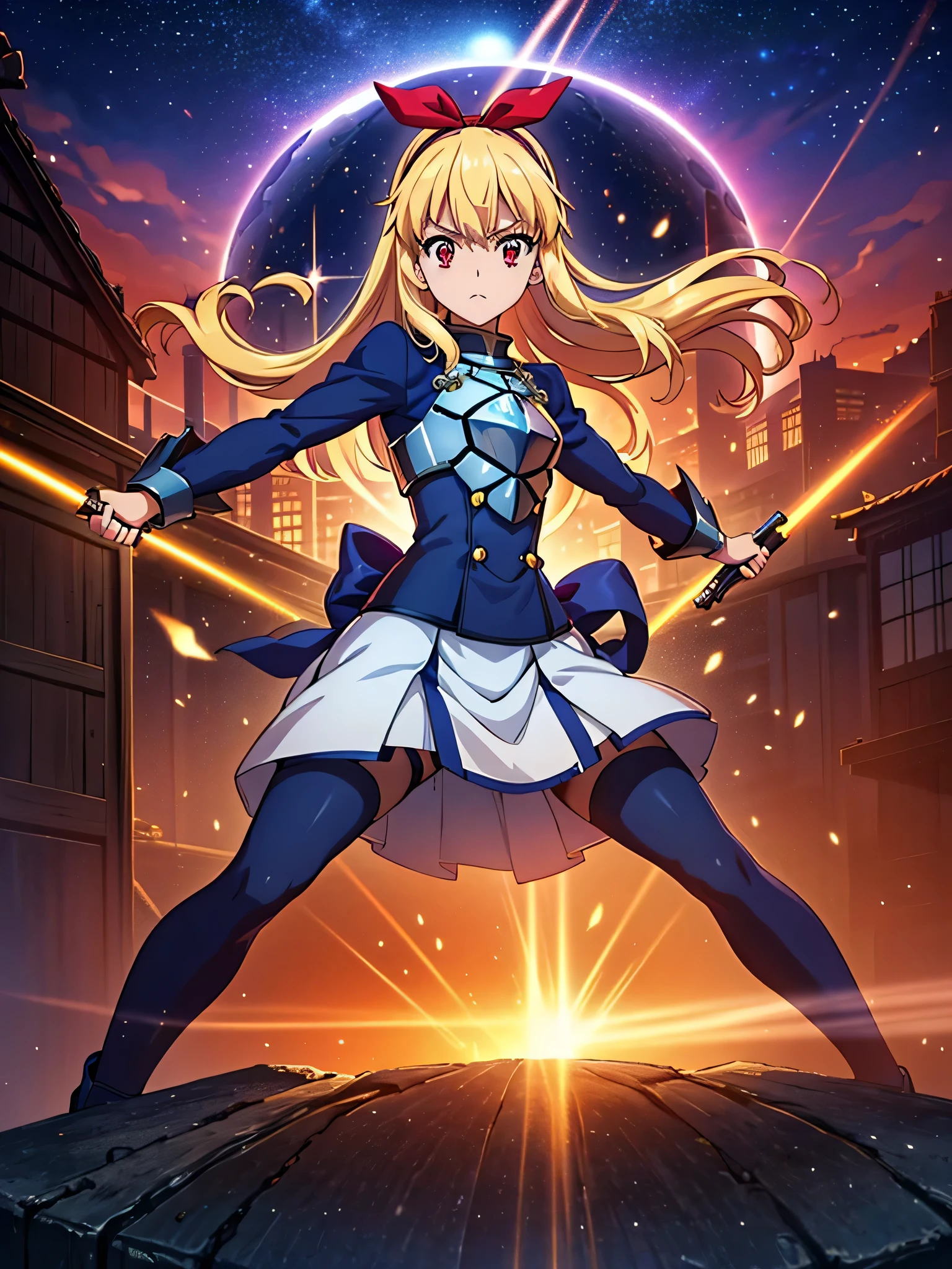 (red ribbon on hairband:1.2),(8K, best quality, muste piece:1.2)、ultra high resolution,1 very cute girl,hosimiya ichigo,ultra-detailed face, detailed eyes,RED eyes,masterpiece, best quality,1girl, , Full body shot, weapon, chain, very long hair, looking at viewer,(kbxll:0.5), Japanese Shrines, fantasy, bodysuit,city, energy ball, razer, lightning bolt, skirt, zettai ryouiki, Petrifying Demon Eye, dust-effect,Grain effect,Neon-light-effect, moon,tentacles,
artoria pendragon \(fate\), armor, dress, suit, excalibur \(fate/stay night\),
fighting stance, dinamic angle, sparks,shirt lift,battle,A grand city in the year 2100, wide shot, hyper realistic, Nausicaa Ghibl,