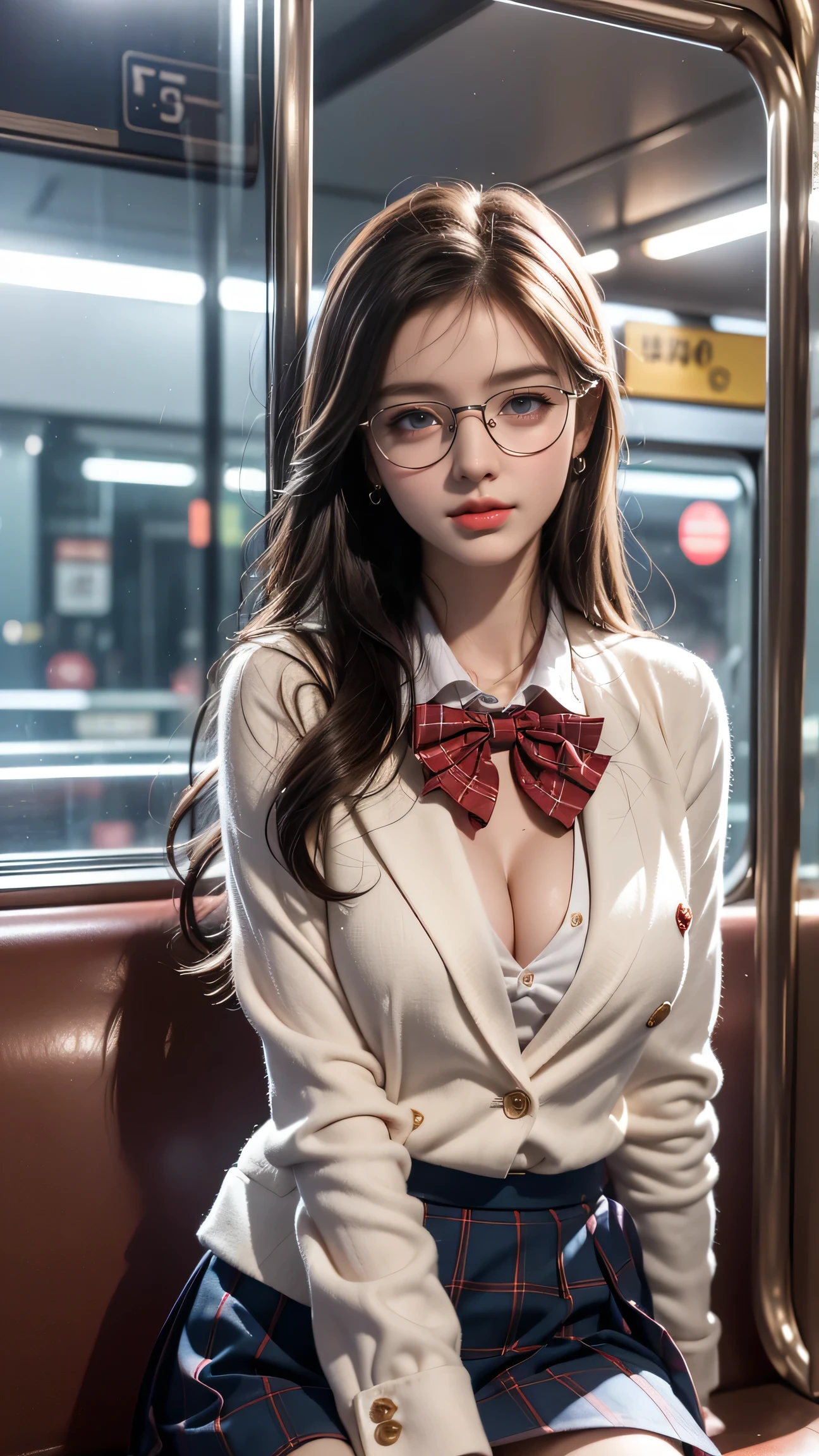 （Girl sitting on train seat)、Best quality work，Actual work，Ultra Premium Graphics，8K HD CG works，High quality graphics，High-definition CG works，10x pixels，Extremely fine detail：1.1，Advanced Technical Details：1.1 Photorealistic，Indoor lighting effects：1.5，Natural light：1.5. Light effects（virtual Light effects：1.8），Chestnut brown short hair、Bob（(Eyes closed)), Thin eyebrows，High nose, Nice red lips, Rose Cheeks, A face with subtle makeup , Cute face, perfectly balanced face，(girl in school uniform），A light-toned foundation enhances the clarity of your skin.，((High school girl on the train door))、((White blazer)),((wet white blouse、Red bow tie、Dark blue checked skirt)).((No bra)) 40k, photograph, Tabletop, highest quality, Rainy background, ((1 Gorgeous wet light haired girl with beautiful eyes, She has a beautiful face and wears glasses, )). White skin, Various poses.((Medium sized breasts,:1.1)), highest quality, Tabletop, Ultra-high resolution, (Realistic:1.4), RAWphotograph, (Perfect figure), (slim:1.3), Slim abdomen, Perfect slim figure, Dynamic Pose, alone, Cold light 12000K, Very detailed facial and skin texture, Fine grain, Realistic eyes, Beautiful fine grain, (Realistic Skin), Charm, 超A high resolution, Surreal, Very detailed,