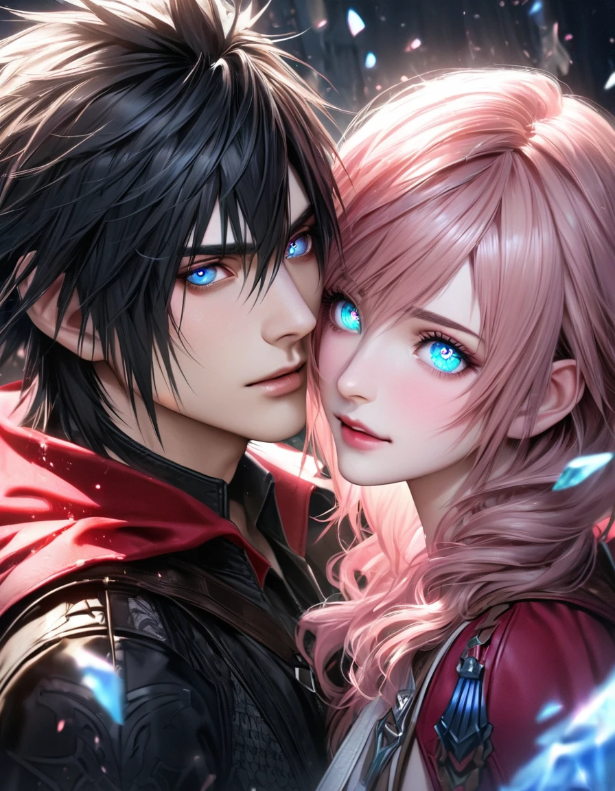 Ultra detailed, Highres, absurdres, HDR, master piece, Claire Farron, wavy pink short hair, pale aqua expressive eyes, Final Fantasy XIII, Noctis Lucis Caelum, black hair, expressive blue eyes, black long coat with patterns, ice petals, extremely handsome, 1 woman together with 1 man together, couple, extremely detailed eyes and face, pink ice, pink ice glittering butterflies, red cape, realistic face, glittering, glittering eyes, Lightning Farron,
