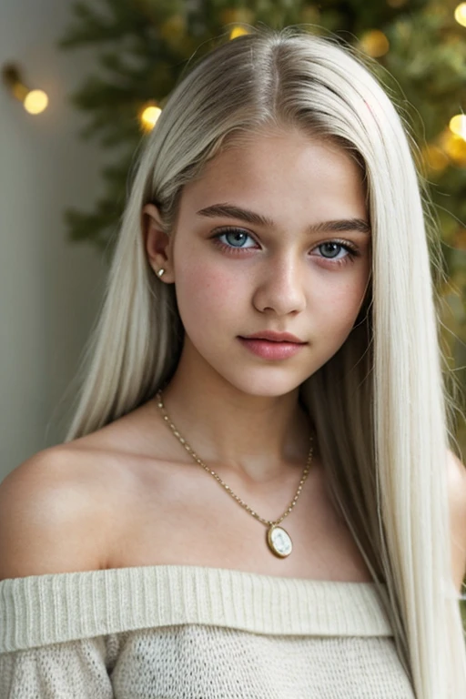 1girl 13 year old, solo, long hair, breasts, looking at viewer, white hair, bare shoulders, brown eyes, jewelry, full body, necklace, off shoulder, sweater, lips, realistic, nose, flirting with camera