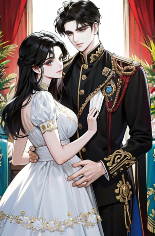 family, royal, elegant, good looking, kids, detailed, 4k, mom and dad, detailed eyes, pretty hair, handsome man, gorgeous woman, fine mom, hot dad, hot parents, mom with black hair, mom pregnant, man looking at woman with love, man hugging woman