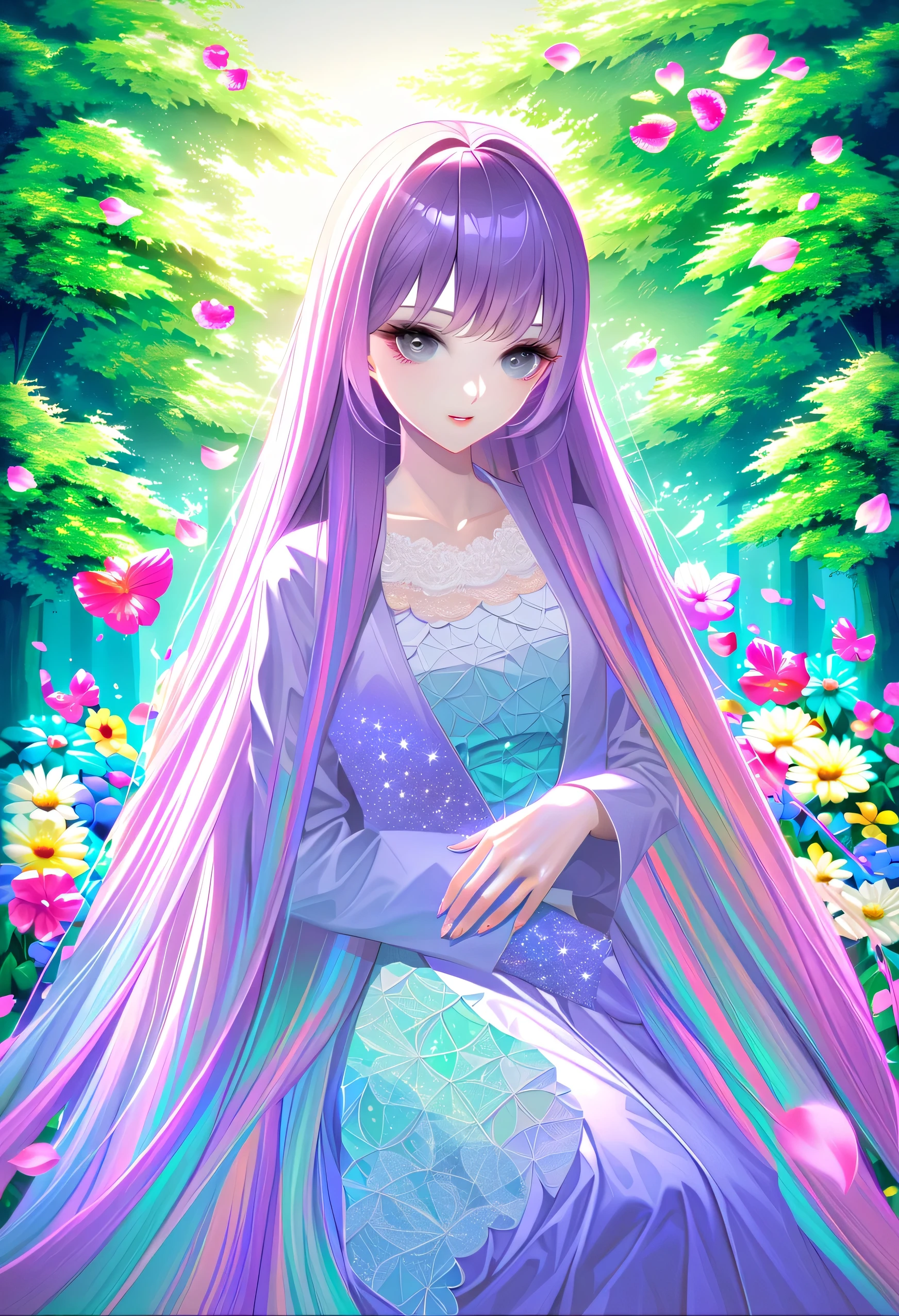 A girl in a garden, masterpiece, best quality, high quality, highres, absurdres, 1girl, glitch art, (digital distortion:1.2), pixelated fragments, data corruption, colorful noise, visual chaos, contemporary aesthetics, vibrant colors, surreal abstraction, vibrant flora, sunlight streaming through trees, dreamy atmosphere, delicate petals, lush foliage, serene expression, ethereal beauty, detailed features, long flowing hair, subtle shadows, soft pastel tones, mesmerizing composition, intricate patterns, harmonious blend of colors, captivating visual narrative, magical ambience, natural lighting