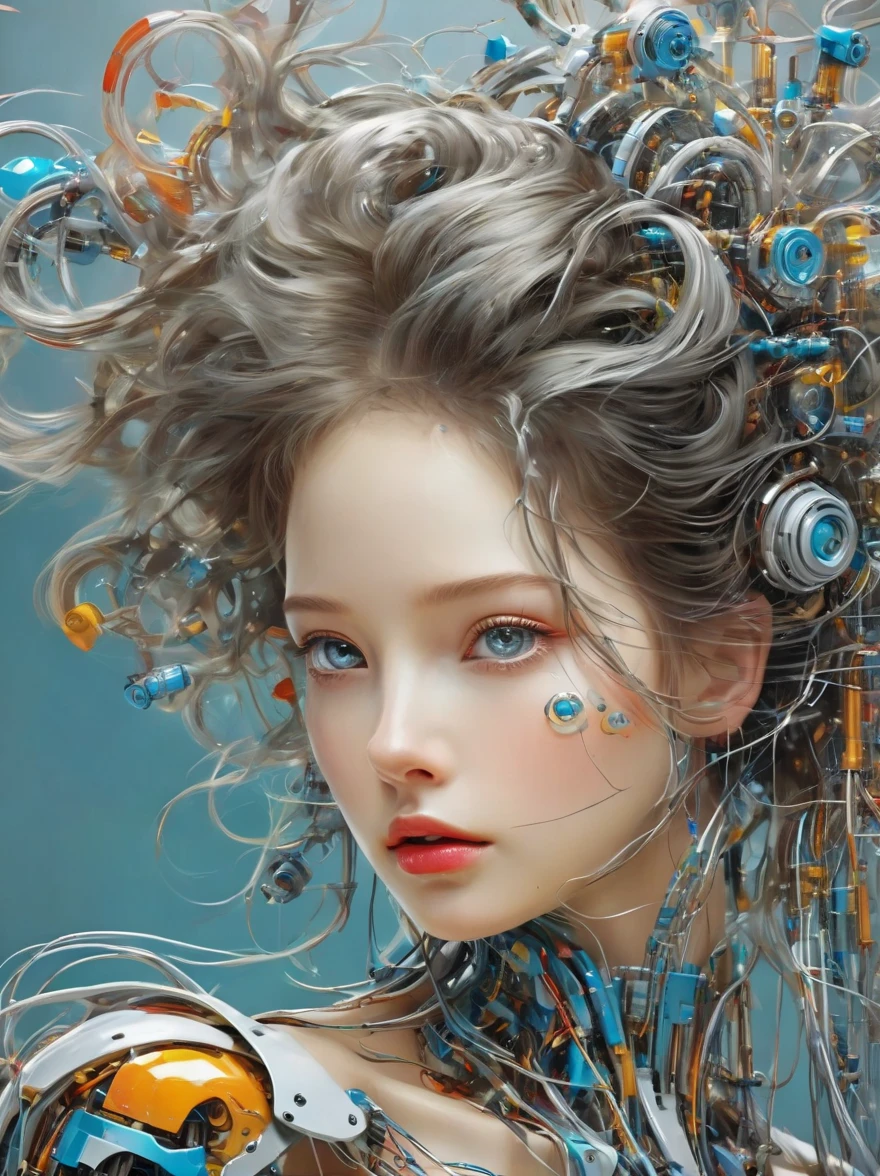 a image of a woman wearing colorful robot tech, in the style of free-flowing surrealism, shiny/glossy, precise and lifelike, hard surface modeling, precisionist lines, light silver and azure, engineering/construction and design