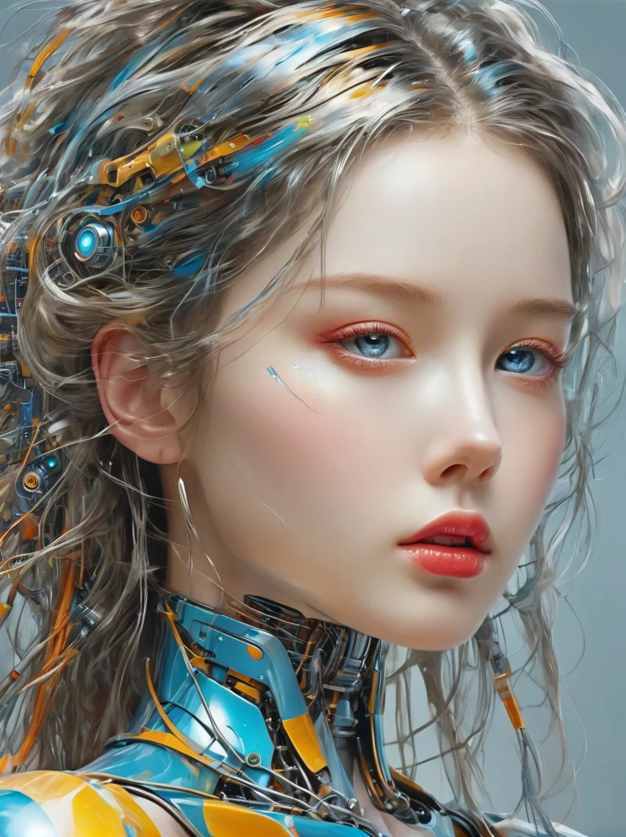 a image of a woman wearing colorful robot tech, in the style of free-flowing surrealism, shiny/glossy, precise and lifelike, hard surface modeling, precisionist lines, light silver and azure, engineering/construction and design