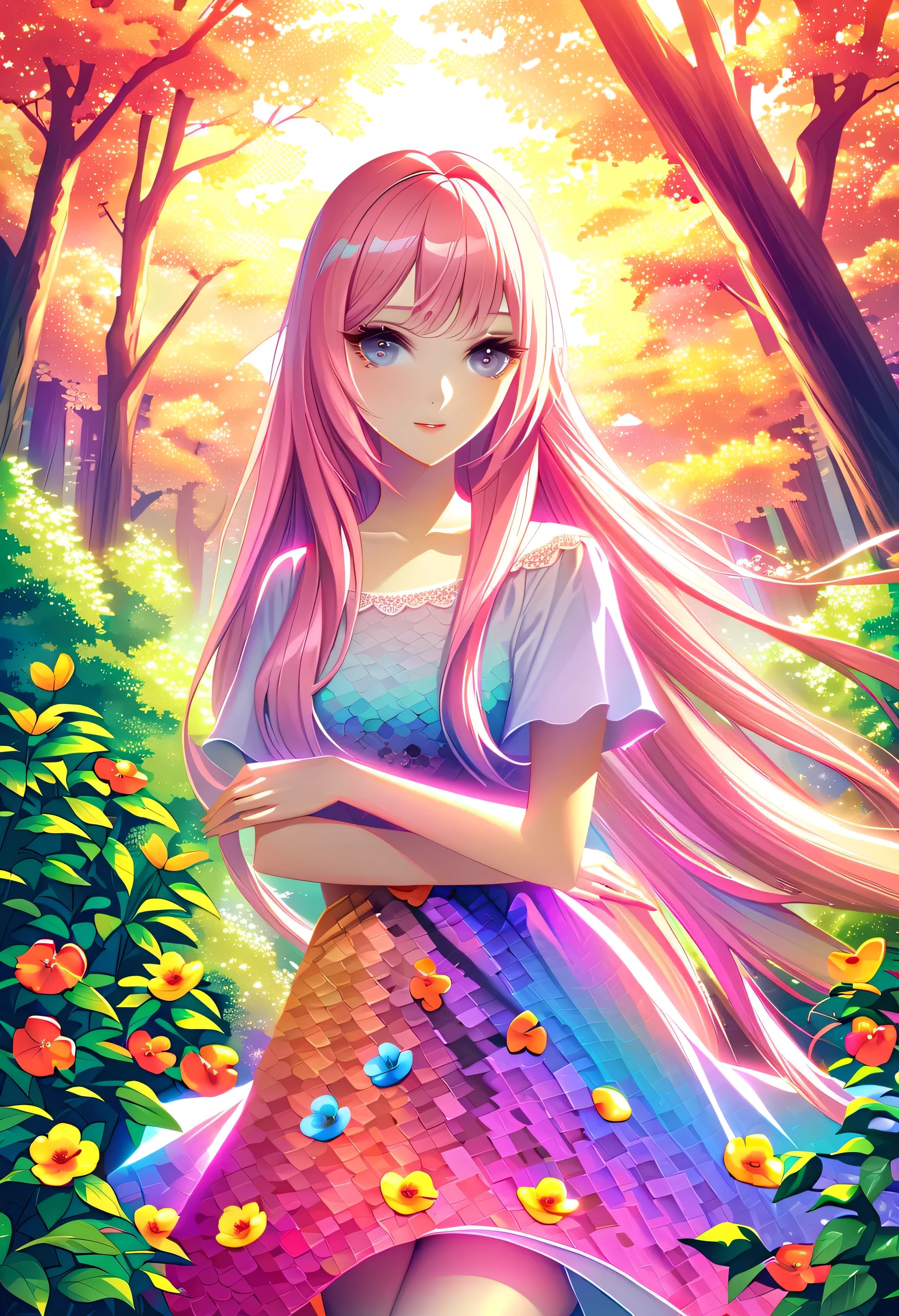 A girl in a garden, masterpiece, best quality, high quality, highres, absurdres, 1girl, glitch art, (digital distortion:1.2), pixelated fragments, data corruption, colorful noise, visual chaos, contemporary aesthetics, vibrant colors, surreal abstraction, vibrant flora, sunlight streaming through trees, dreamy atmosphere, delicate petals, lush foliage, serene expression, ethereal beauty, detailed features, long flowing hair, subtle shadows, soft pastel tones, mesmerizing composition, intricate patterns, harmonious blend of colors, captivating visual narrative, magical ambience, natural lighting