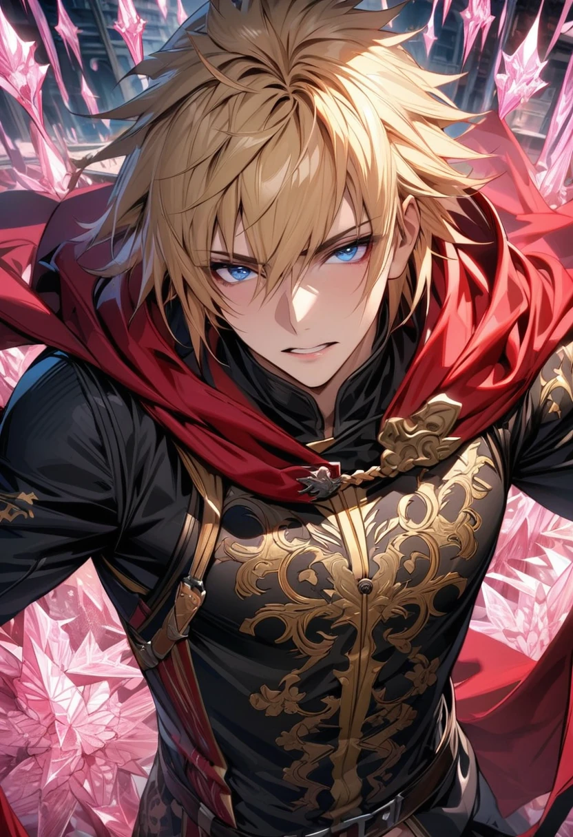 absurdres, highres, ultra detailed, HDR, masterpiece, extremely detailed face and eyes, Ace, blond hair, expressive blue eyes, Final Fantasy Type 0, solo, sexy man, handsome, black clothes, red cape, patterns, pink ice trees, pink ice flowers, pink ice butterflies