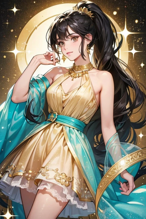 Haddock is dark-haired and has a long ponytail with a blue reflect. She is shown wearing a glittery golden-beige dress and a gold necklace which seems to have her initials on it. She has turquoise skin and brown eyes. SPARKLE; GLITTER