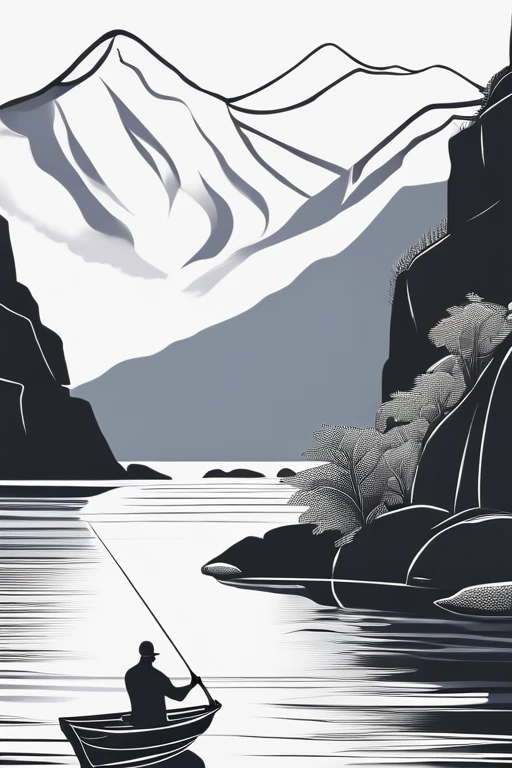 A old man in center of image, fishing rod in hand, large modern boat, river between mountains, small and large rocks, waterfall in background, (only outline used), outline, ((white background)), details of frame, sun between clouds, no color (coloring page), the drawing lines only, free line on paper, sketch style, no background, clean lines only.