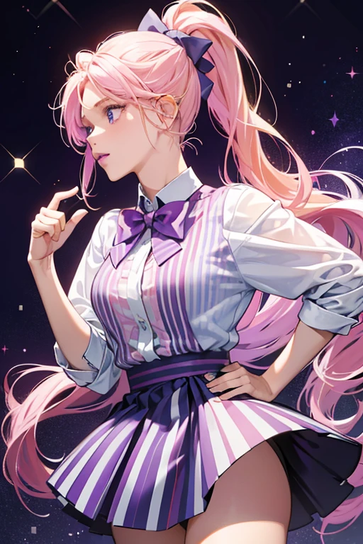 She is a pink with blonde hair tied into a ponytail, a sky blue dorsal fin with purple stripes, and dark purple lips. She wears a pink bow and shirt along with a dark purple skirt. SPARKLE; GLITTER