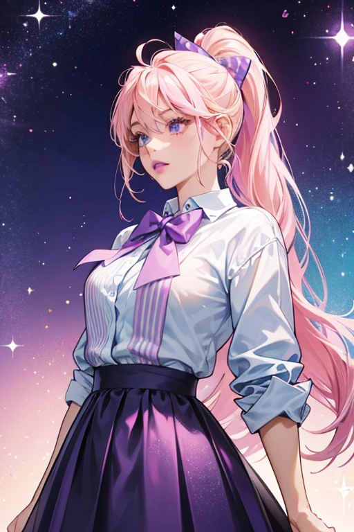 She is a pink  with blonde hair tied into a ponytail, a sky blue dorsal fin with purple stripes, and dark purple lips. She wears a pink bow and shirt along with a dark purple skirt.  SPARKLE; GLITTER
