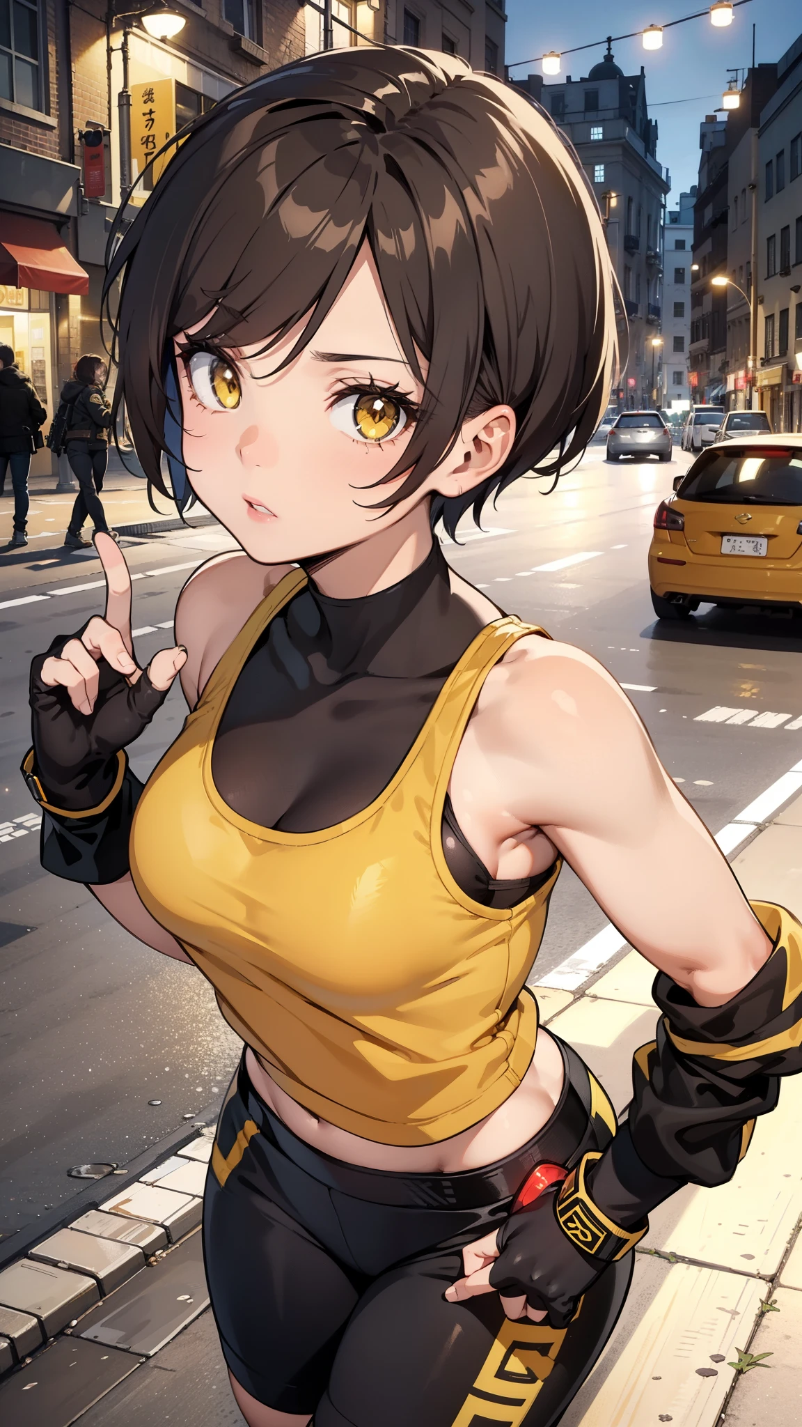 street dancer,  short hair, brown hair, yellow glowing eyes, perfect lips,  cute expression, cute face, cute pose, fingerless gloves, gun, tank top, jacket, cute pose, ultra detailed face, long eyelashes, sharp eyes , Fullbody shot, dinamic viewer, 